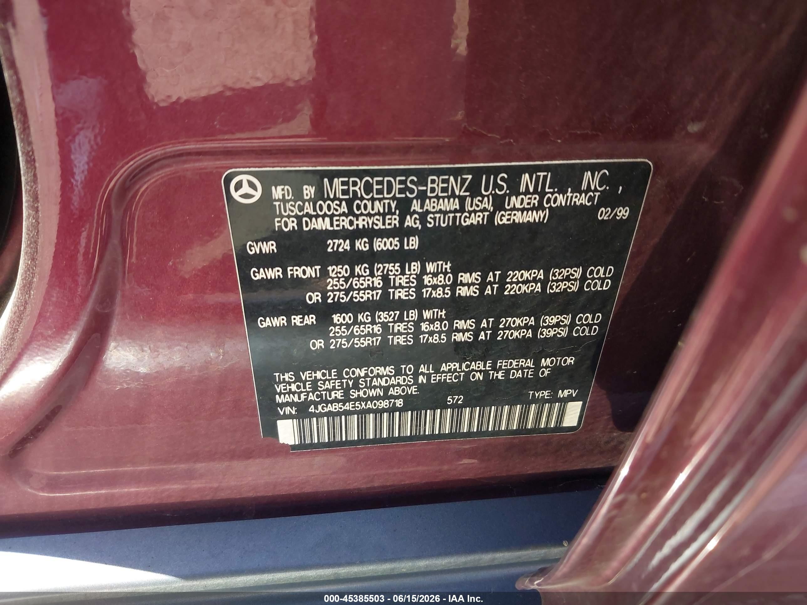 1999 Mercedes-benz Ml 320 Maroon vin: 4JGAB54E5XA098718