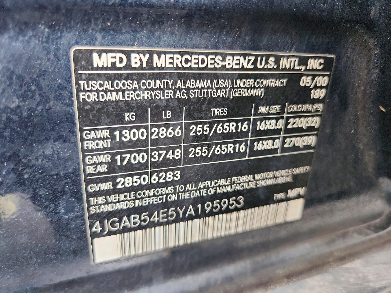2000 Mercedes-benz Ml 320 Blue vin: 4JGAB54E5YA195953
