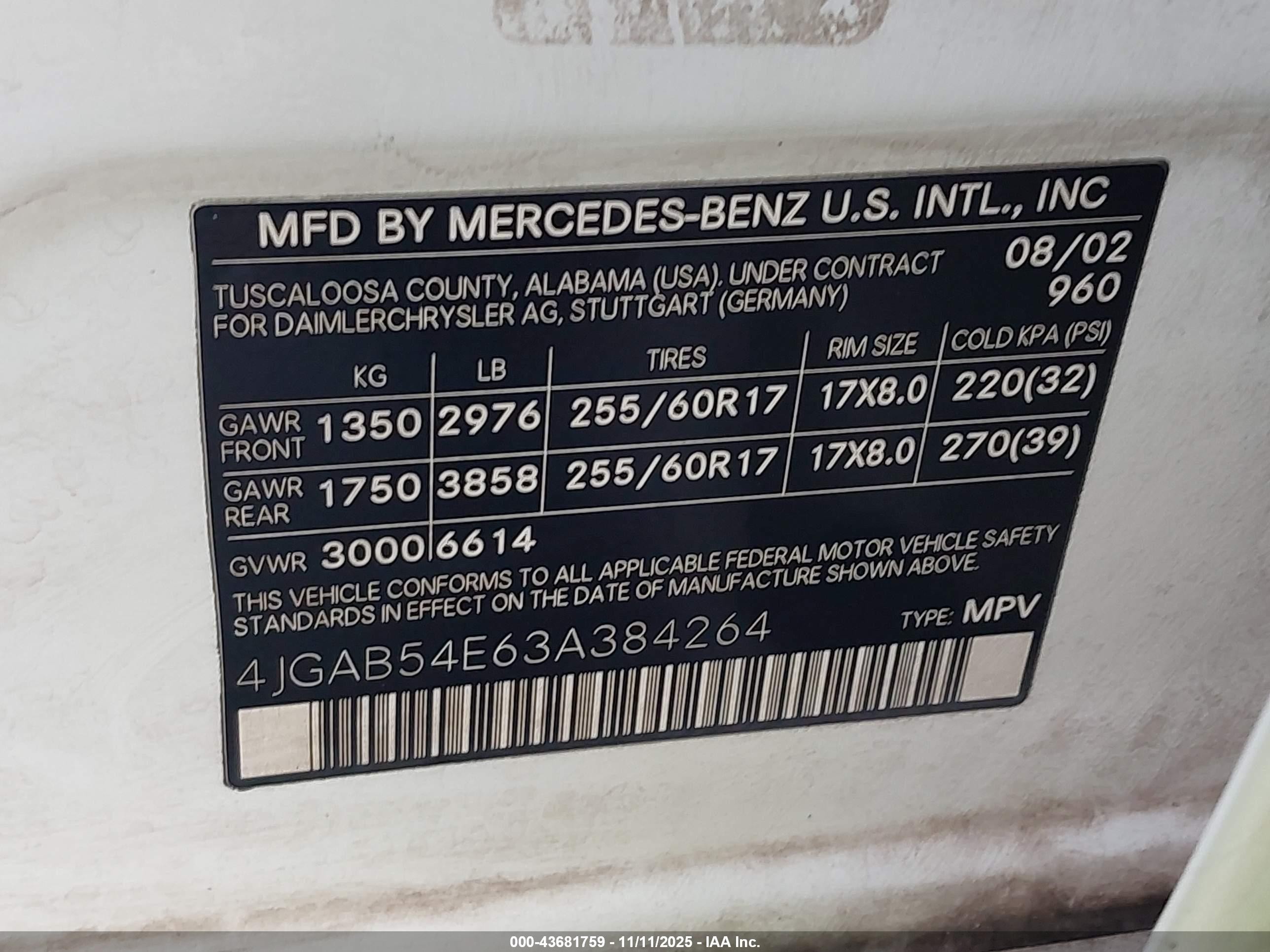 2003 Mercedes-benz Ml 320   Белый vin: 4JGAB54E63A384264