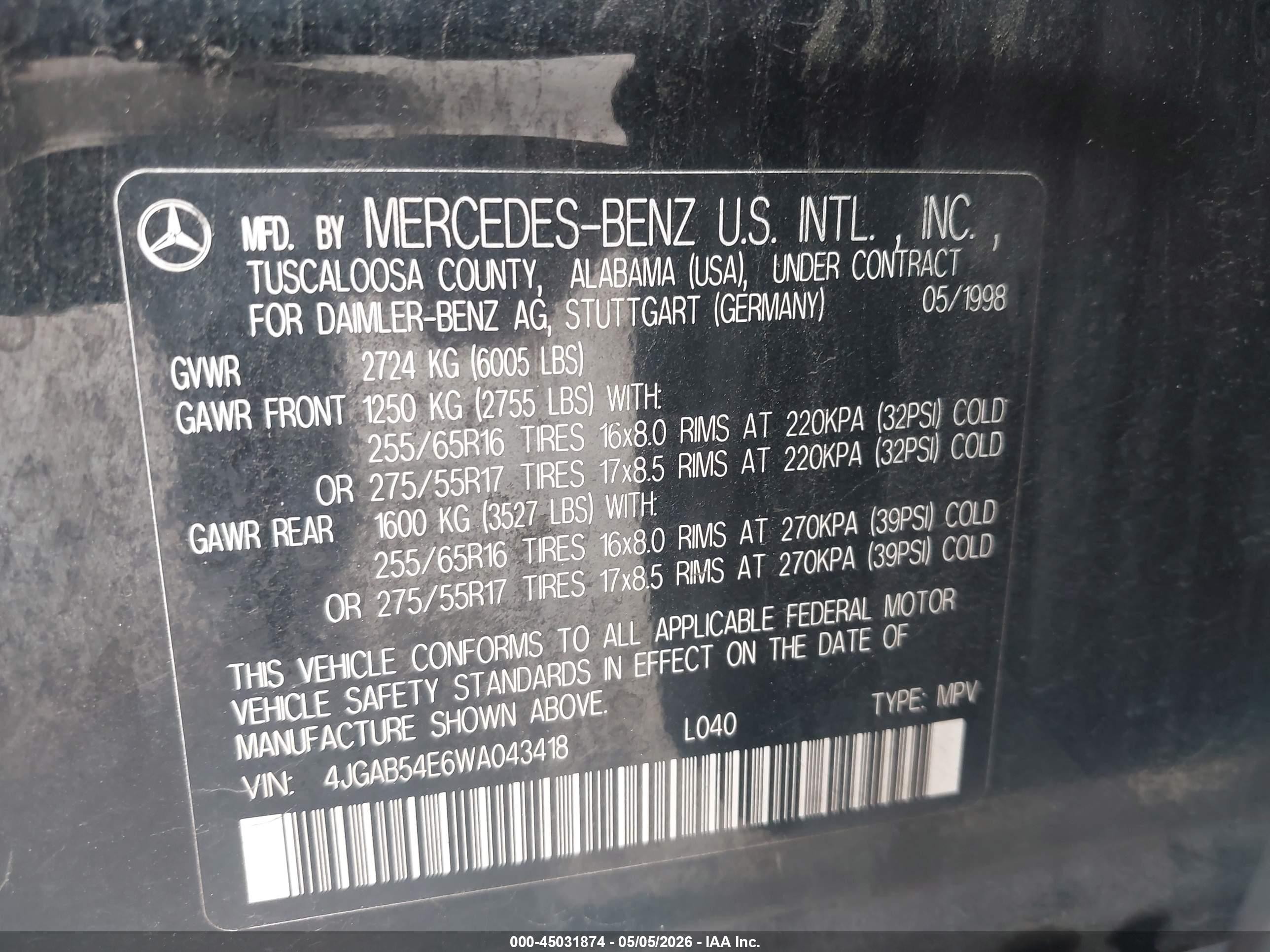 1998 Mercedes-benz Ml 320 Classic Black vin: 4JGAB54E6WA043418