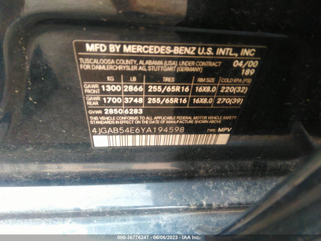2000 Mercedes-benz Ml 320 Blue vin: 4JGAB54E6YA194598