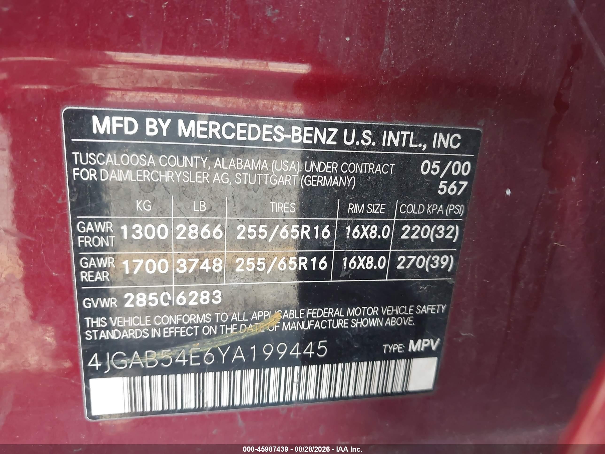 2000 Mercedes-benz Ml 320   Темно-бордовый vin: 4JGAB54E6YA199445