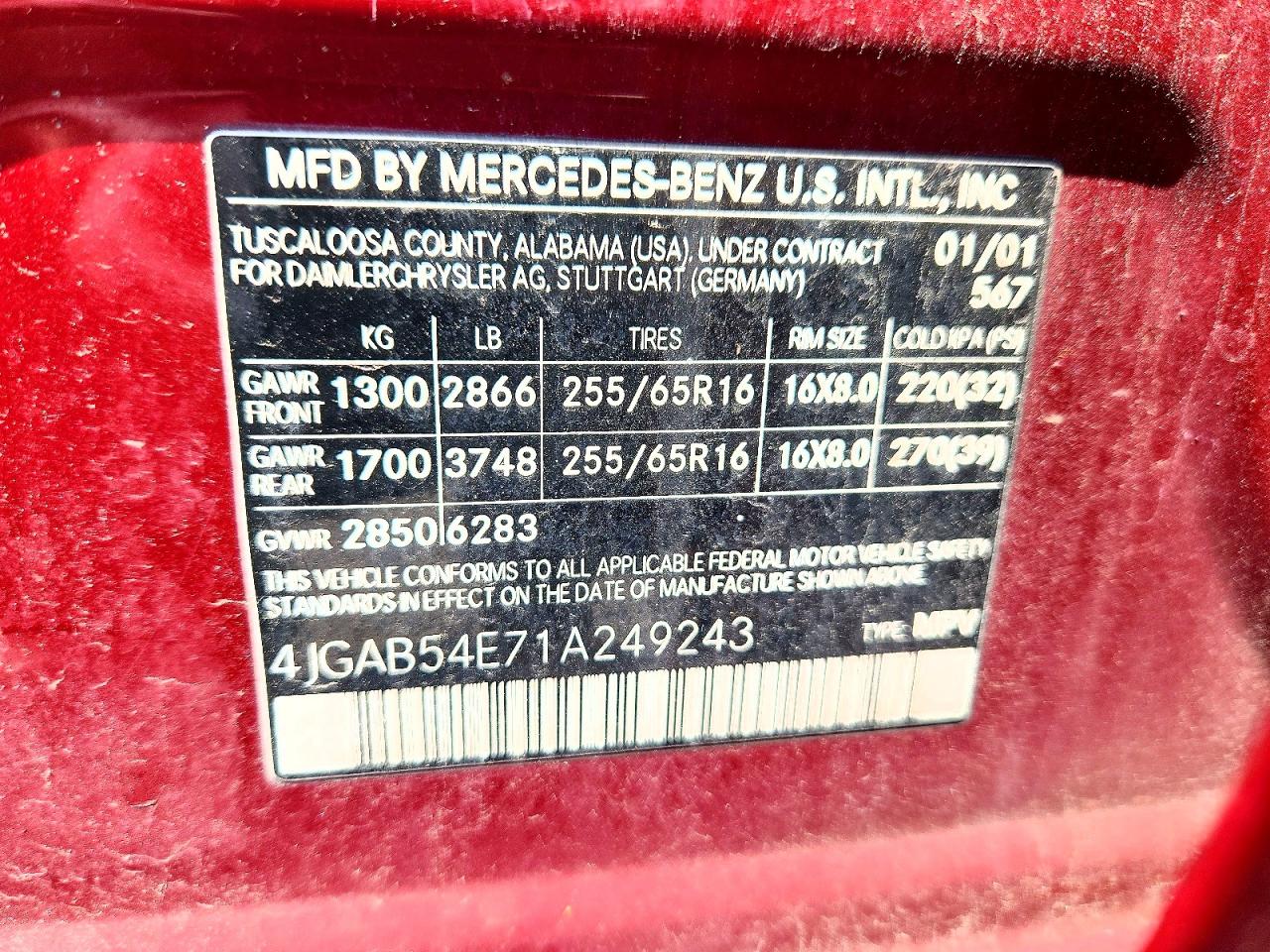 2001 Mercedes-benz Ml 320 Burgundy vin: 4JGAB54E71A249243