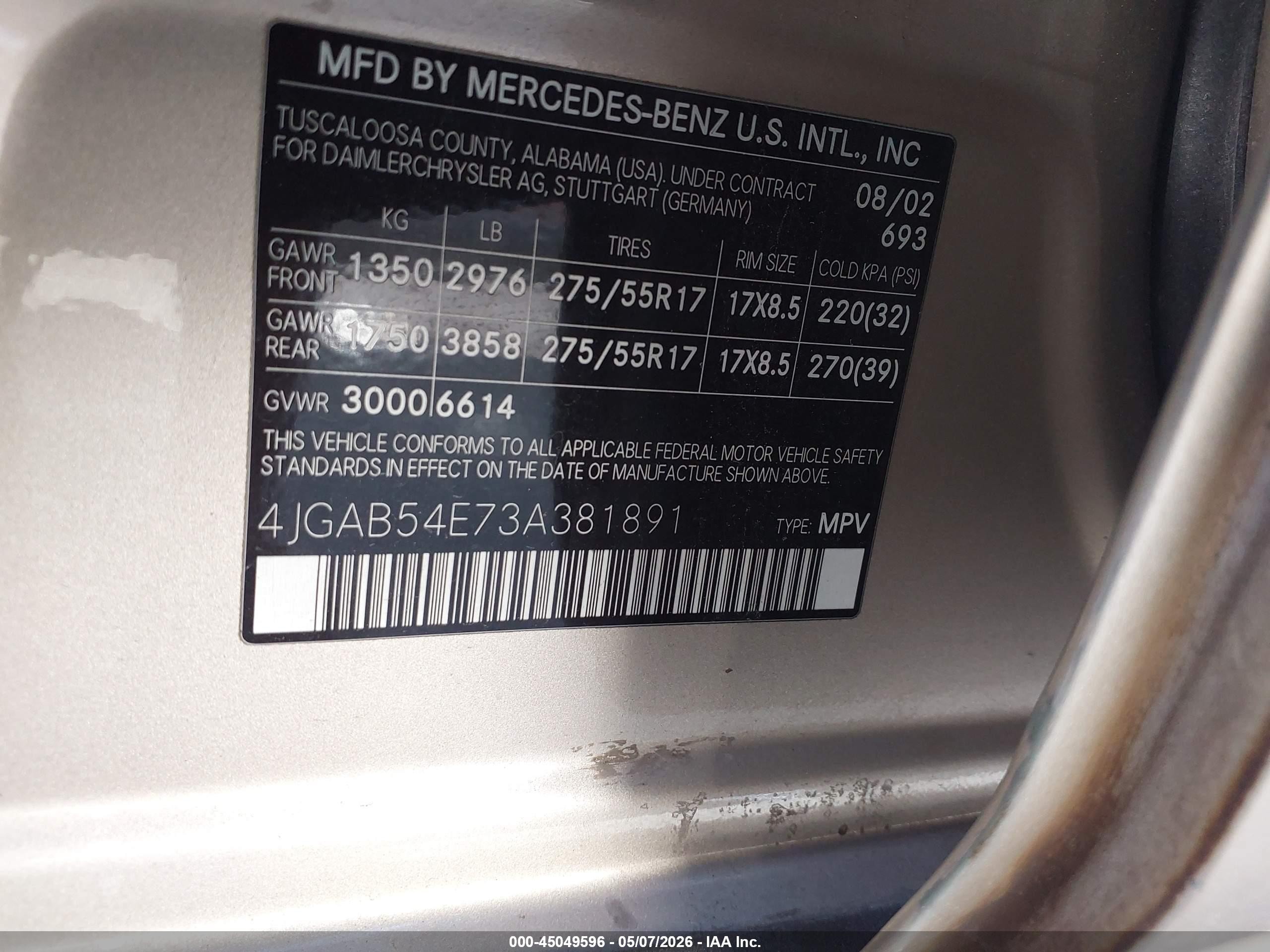 2003 Mercedes-benz Ml 320   Champagne vin: 4JGAB54E73A381891