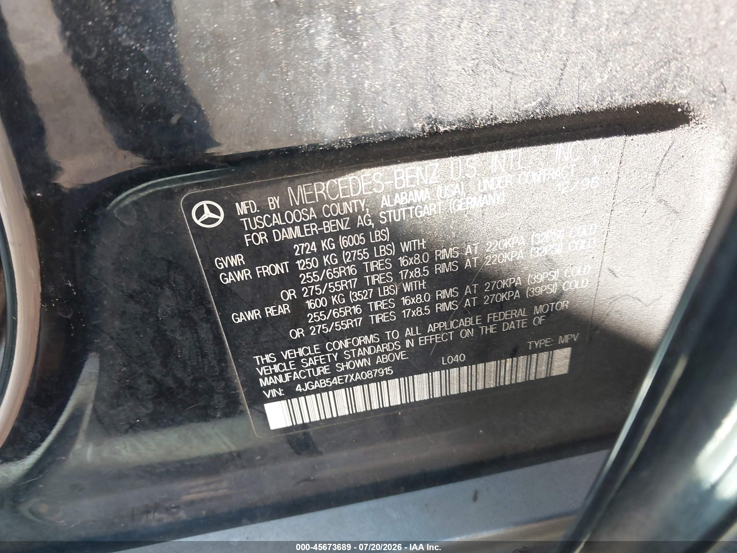 1999 Mercedes-benz Ml 320   Black vin: 4JGAB54E7XA087915