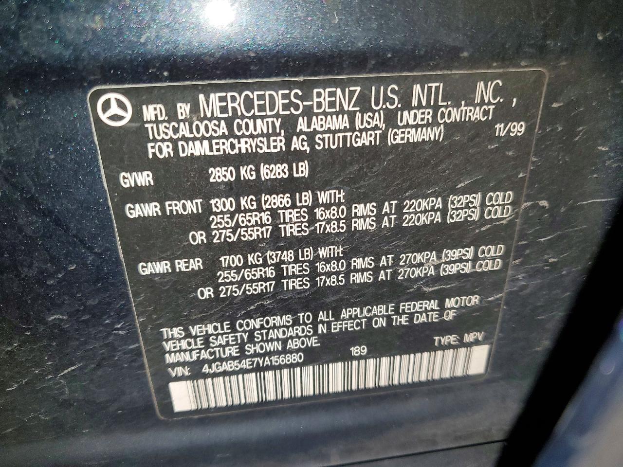 2000 Mercedes-benz Ml-class Blue vin: 4JGAB54E7YA156880