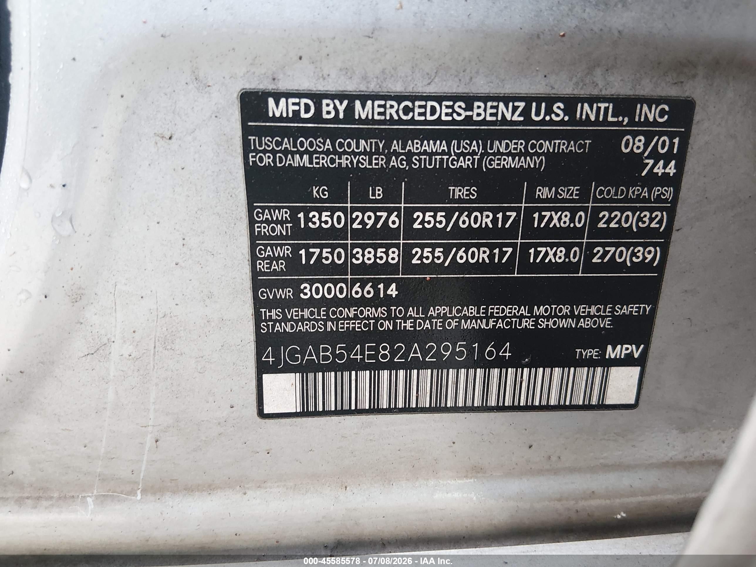 2002 Mercedes-benz Ml 320   Gray vin: 4JGAB54E82A295164