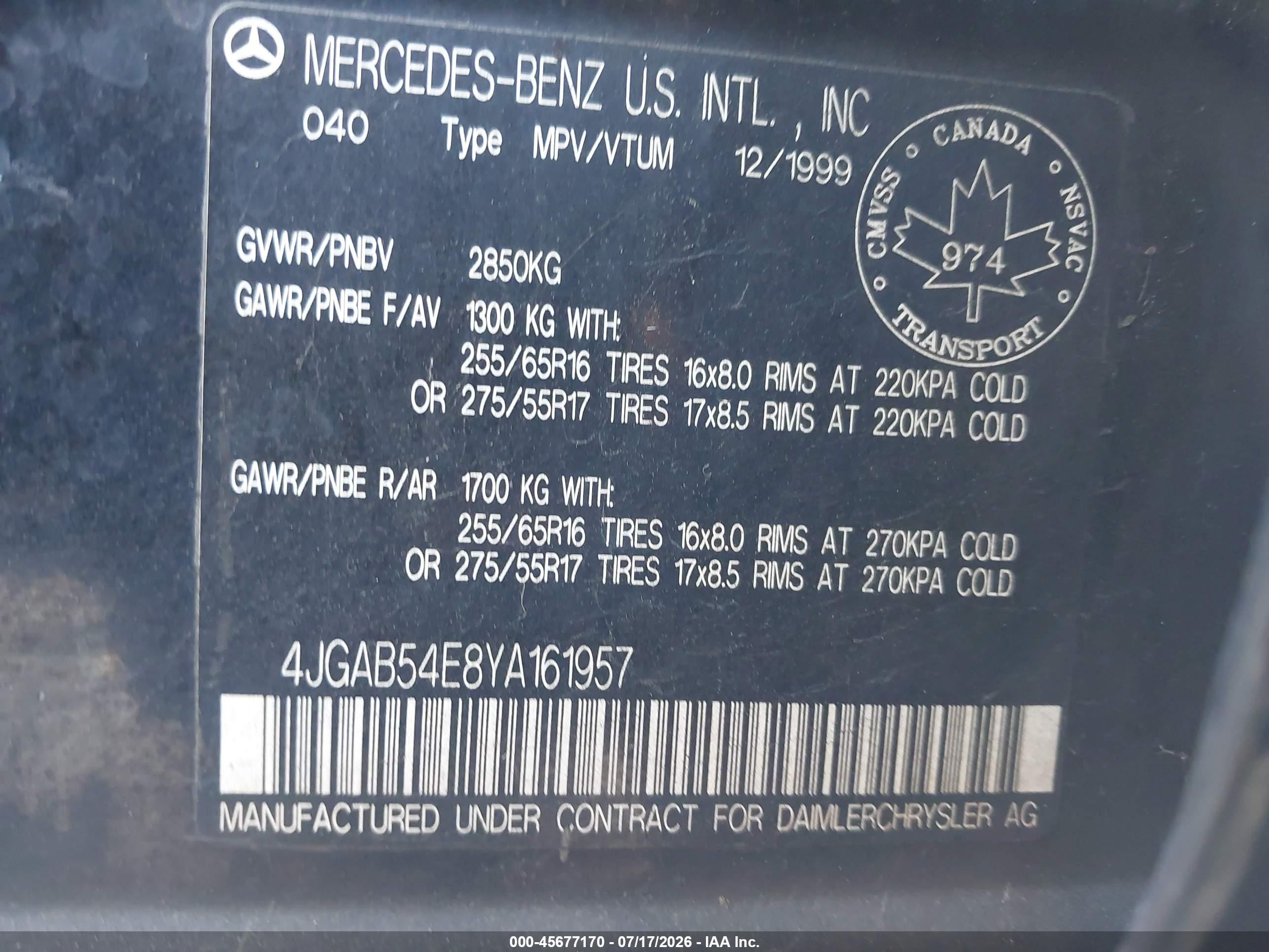 2000 Mercedes-benz Ml 320 Black vin: 4JGAB54E8YA161957
