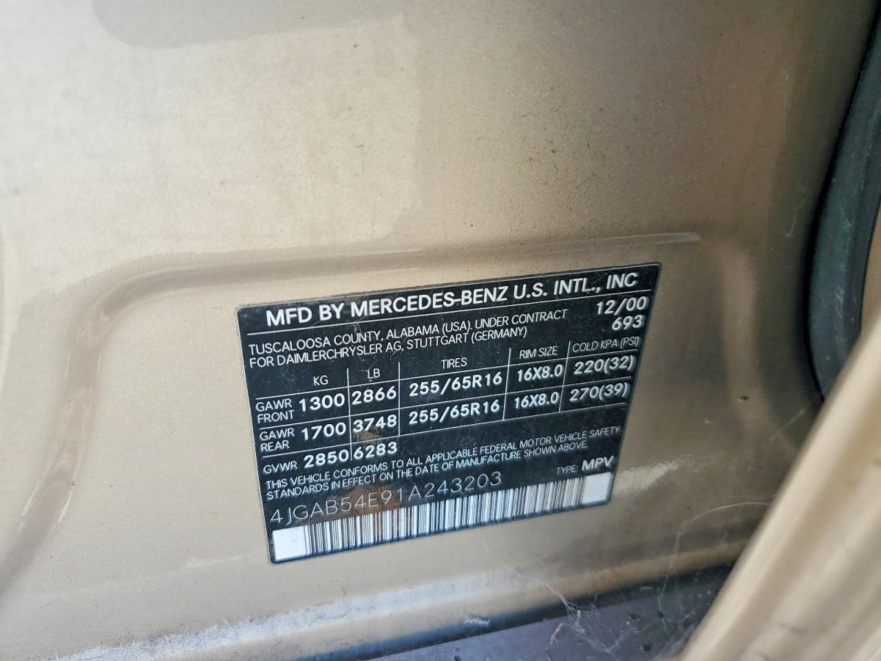 2001 Mercedes-benz Ml 320 Серебряный vin: 4JGAB54E91A243203