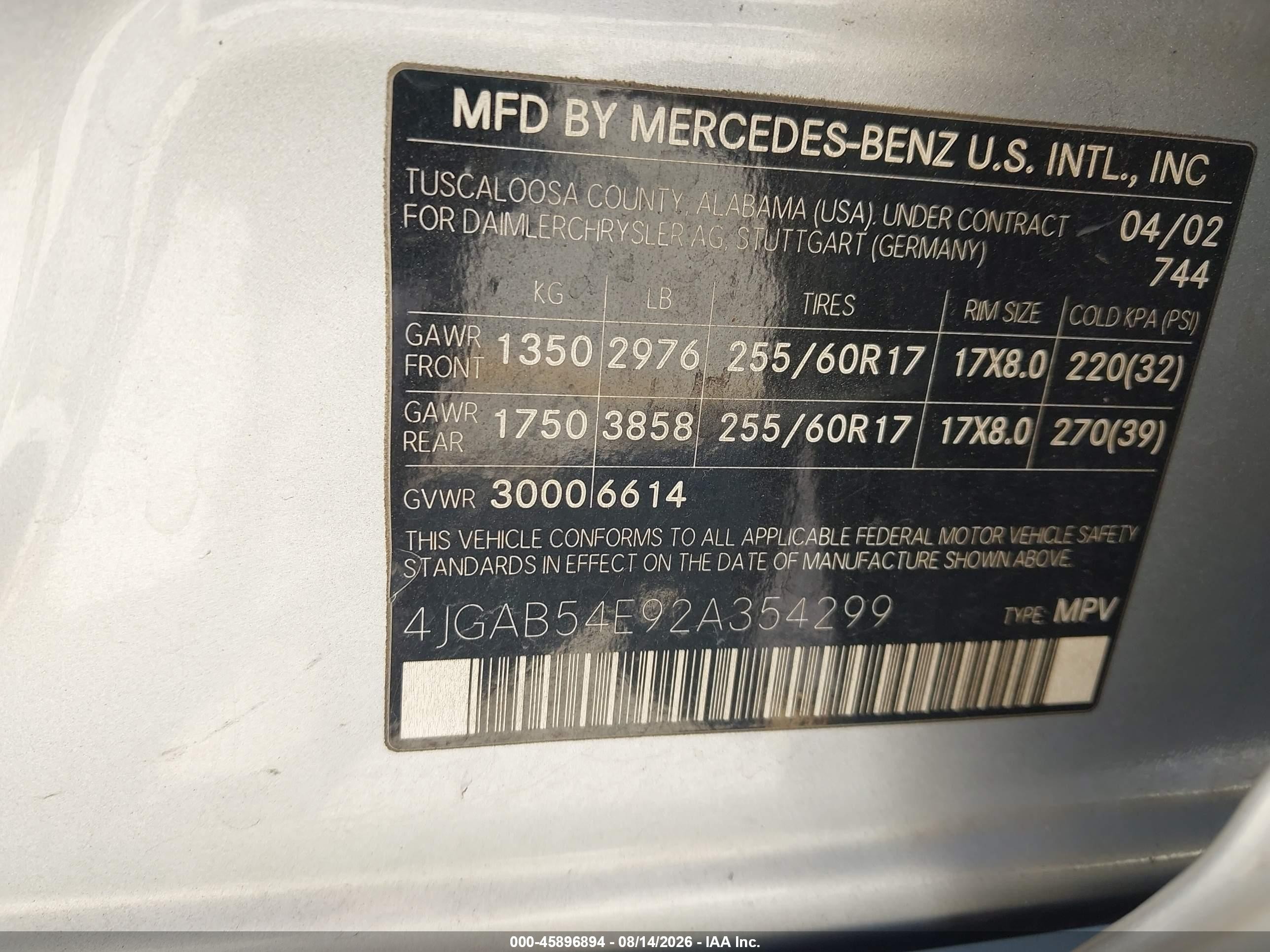2002 Mercedes-benz Ml 320   Silver vin: 4JGAB54E92A354299
