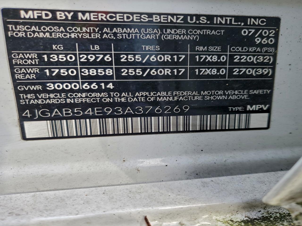 2003 Mercedes-benz Ml 320 White vin: 4JGAB54E93A376269