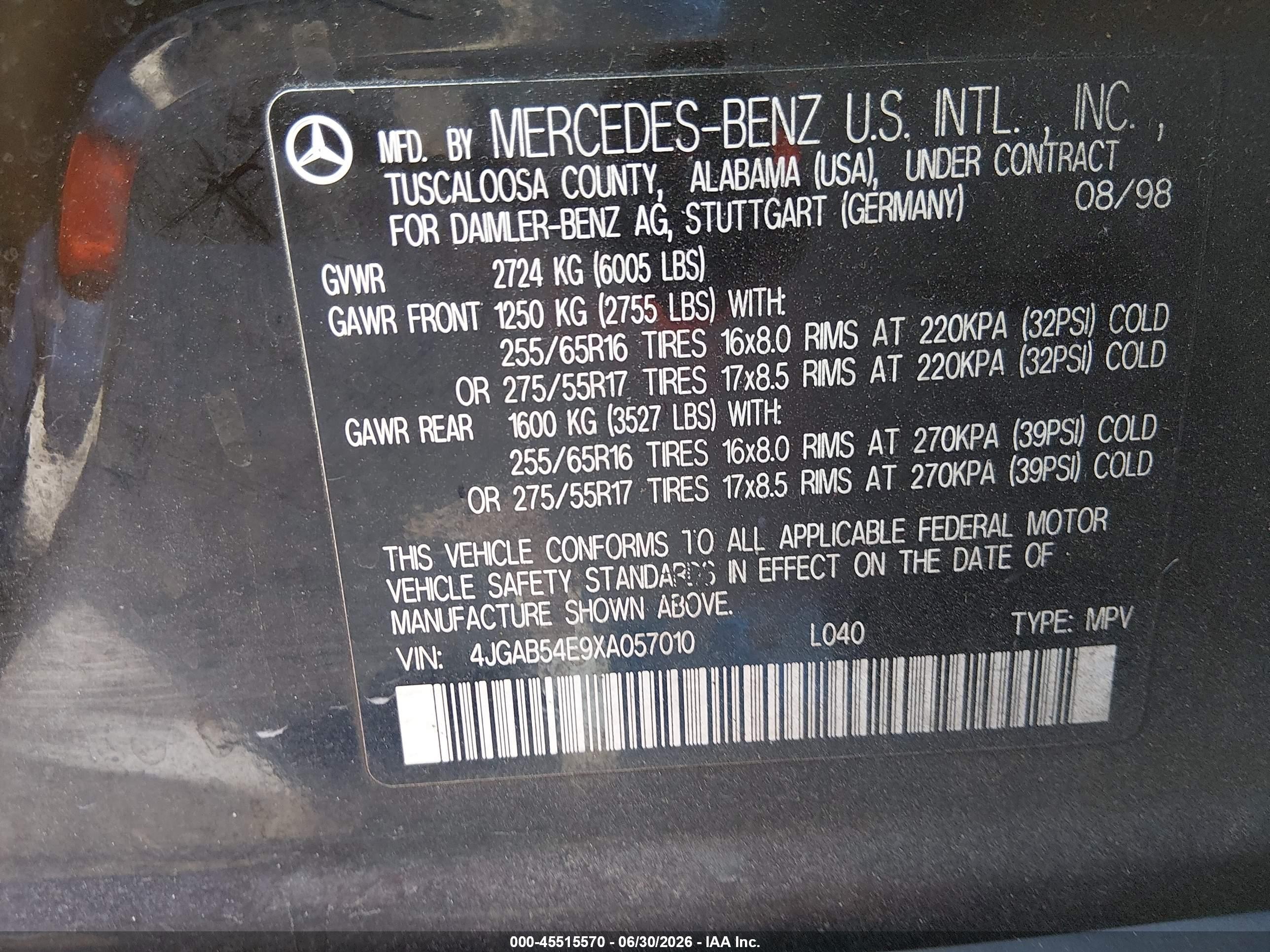 1999 Mercedes-benz Ml 320   Black vin: 4JGAB54E9XA057010