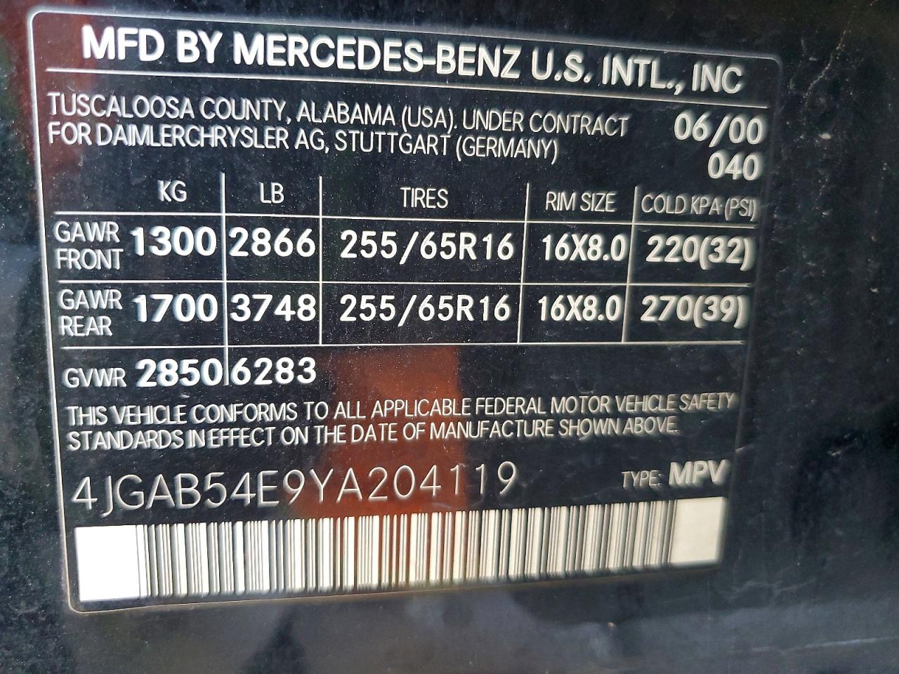2000 Mercedes-benz Ml 320 Black vin: 4JGAB54E9YA204119