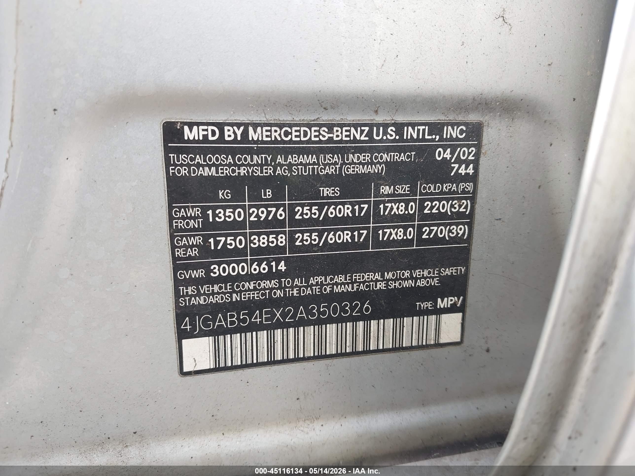 2002 Mercedes-benz Ml 320   Silver vin: 4JGAB54EX2A350326