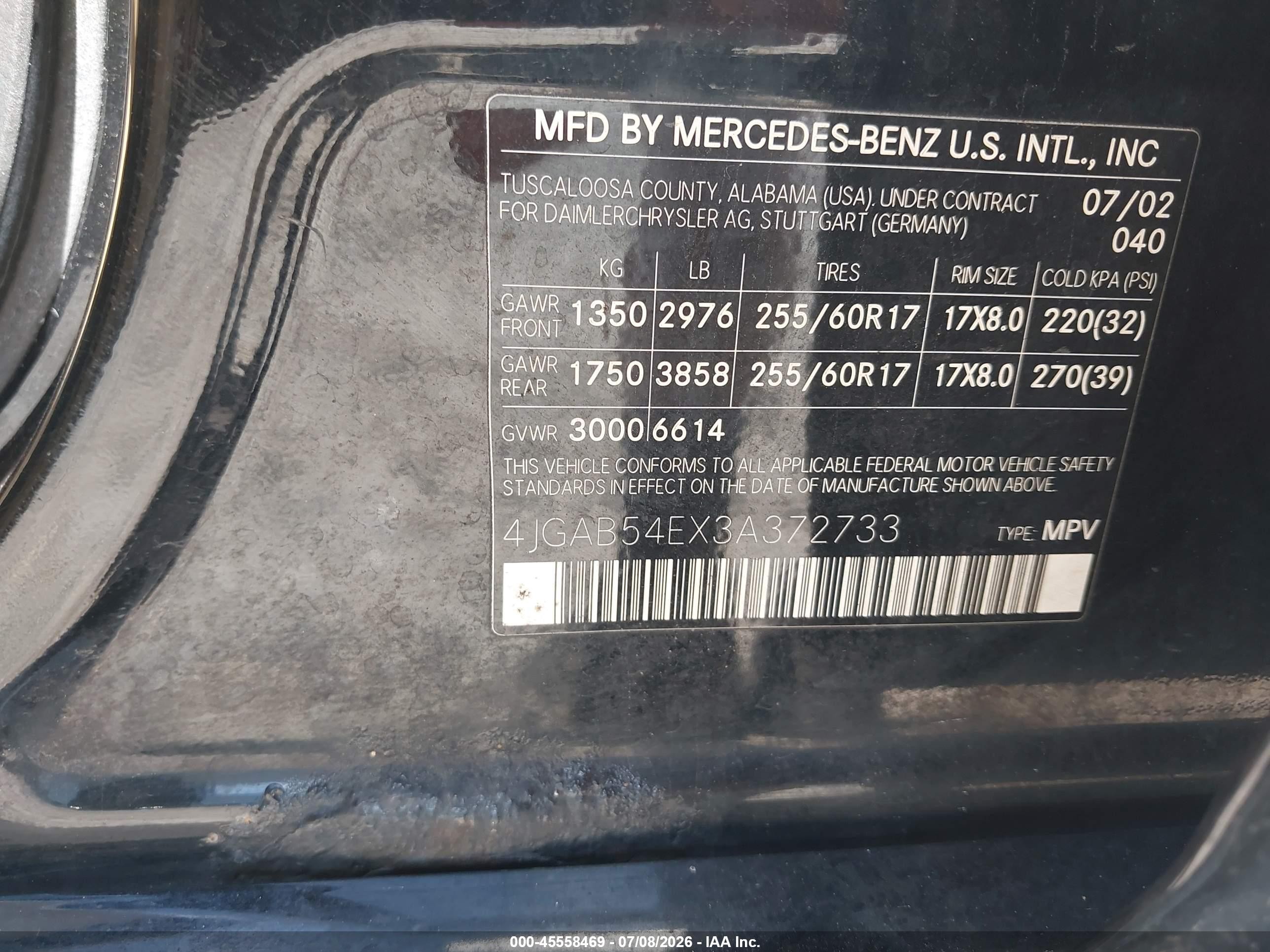2003 Mercedes-benz Ml 320   Black vin: 4JGAB54EX3A372733