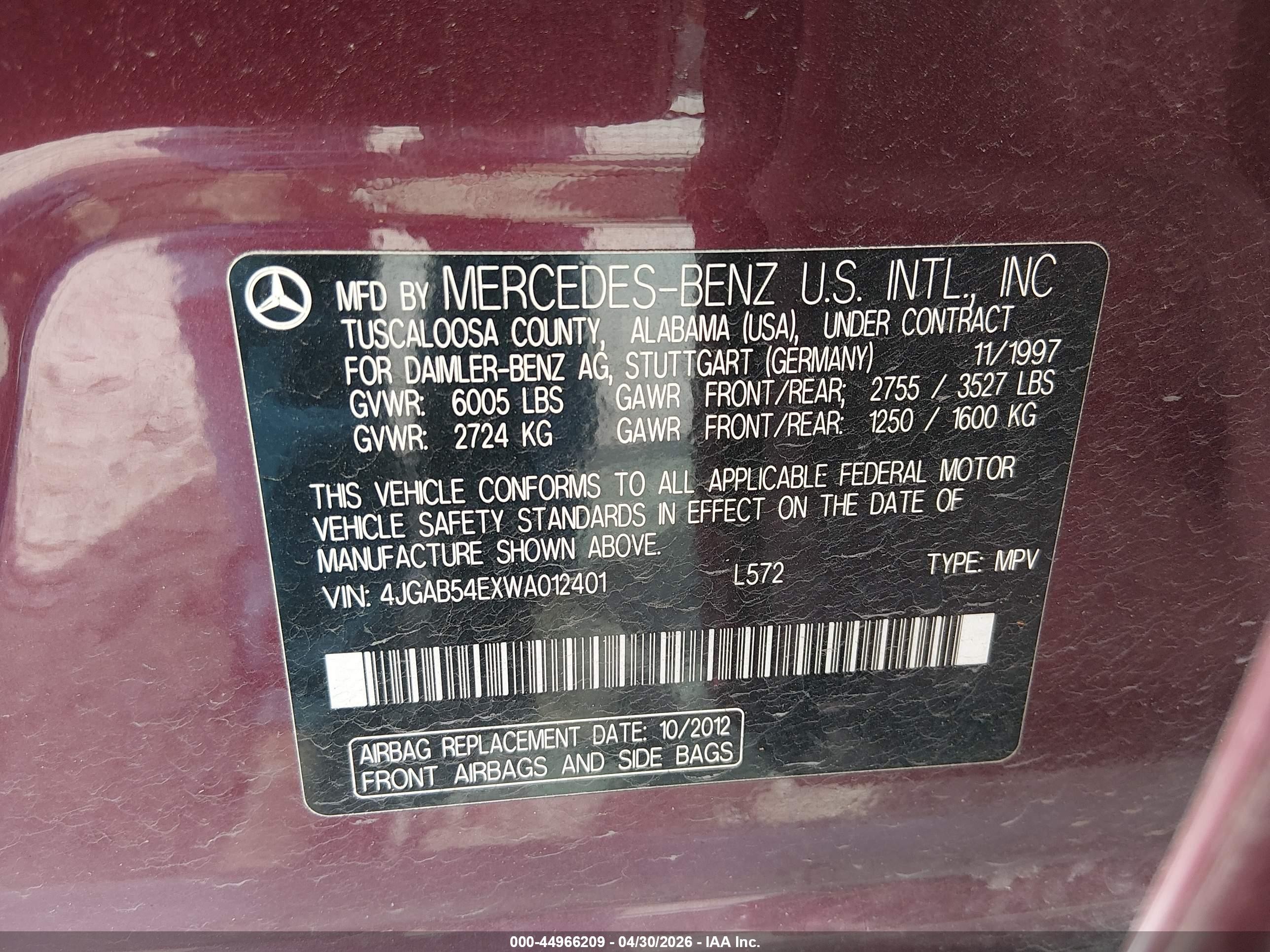 1998 Mercedes-benz Ml 320 Classic Red vin: 4JGAB54EXWA012401