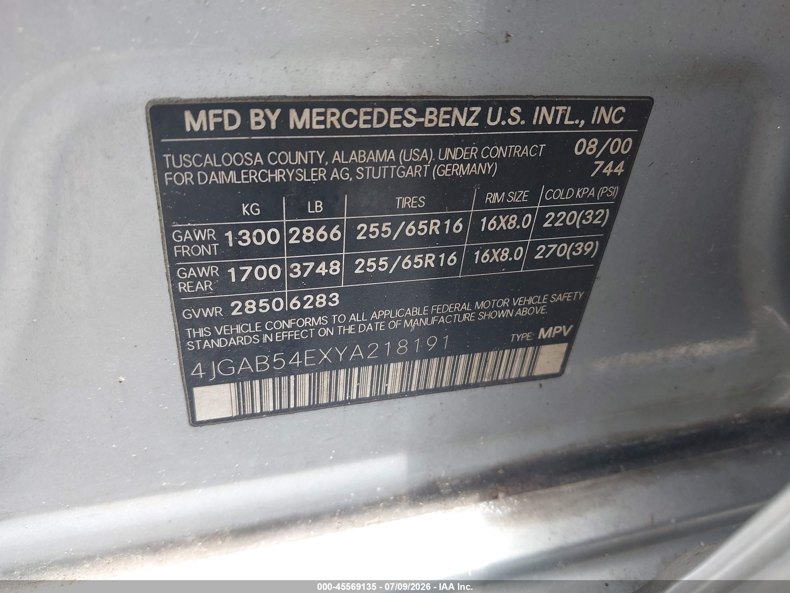 2000 Mercedes-benz Ml 320   Silver vin: 4JGAB54EXYA218191