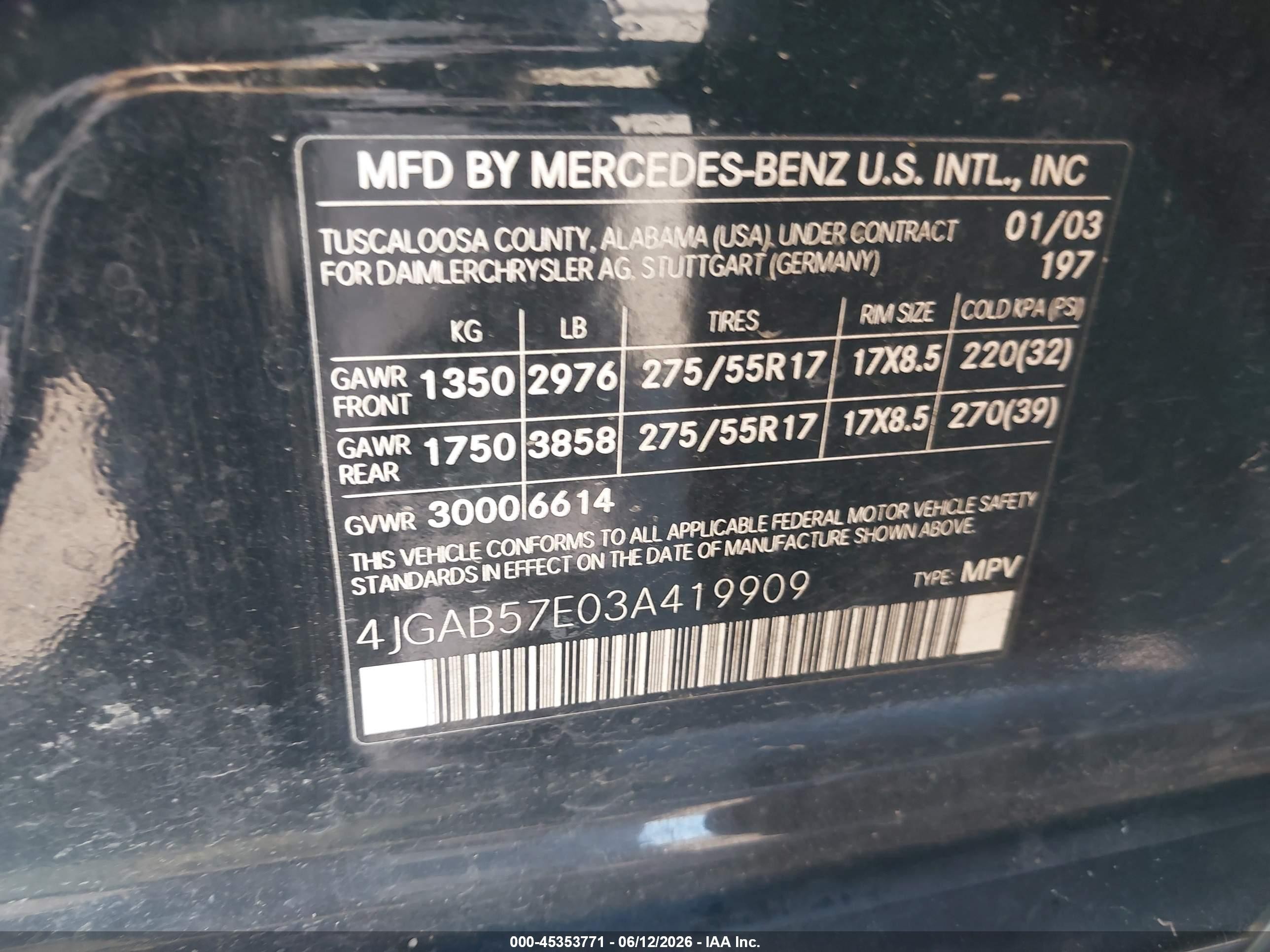 2003 Mercedes-benz Ml 350   Black vin: 4JGAB57E03A419909