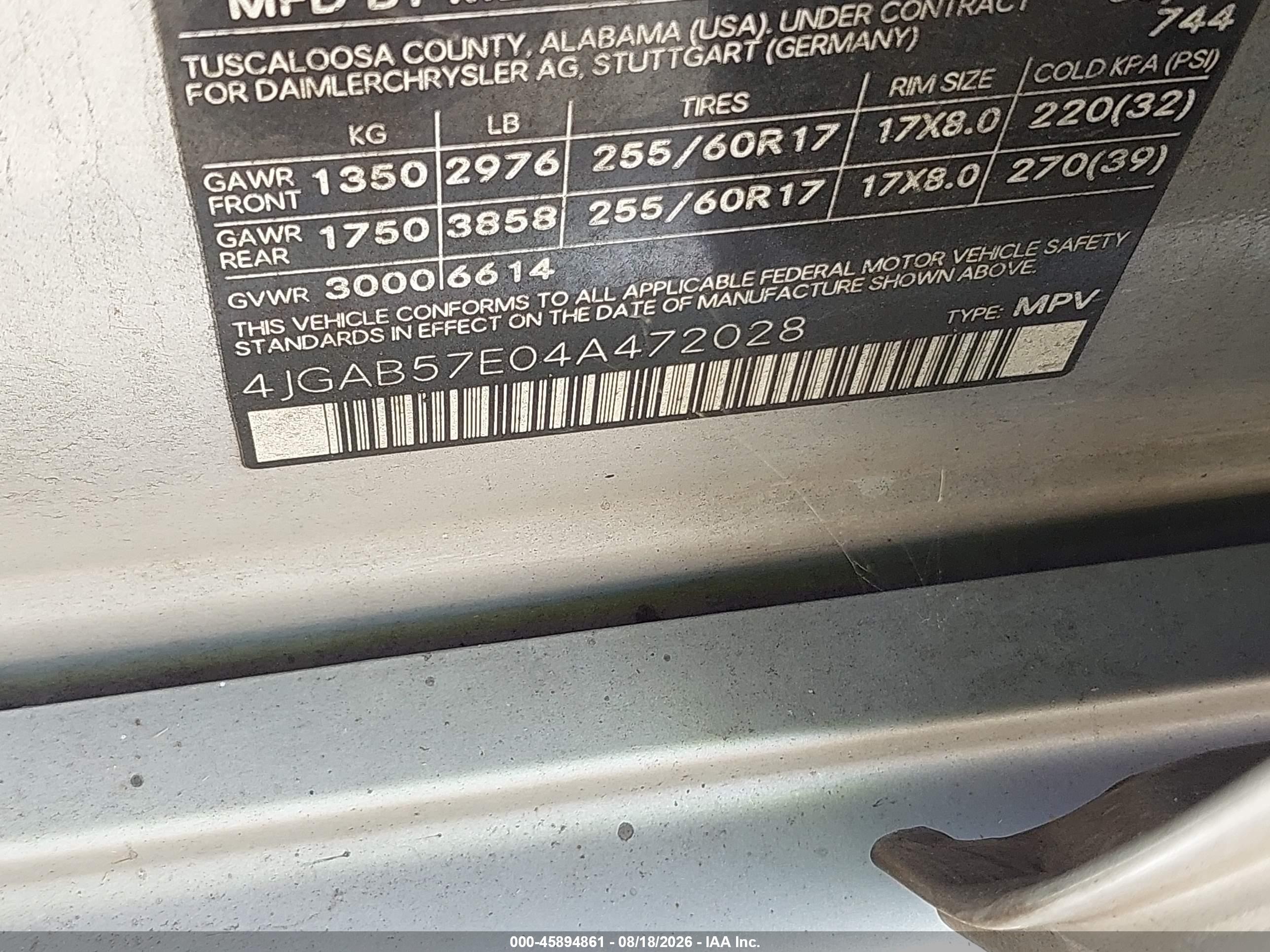 2004 Mercedes-benz Ml 350 4matic Silver vin: 4JGAB57E04A472028