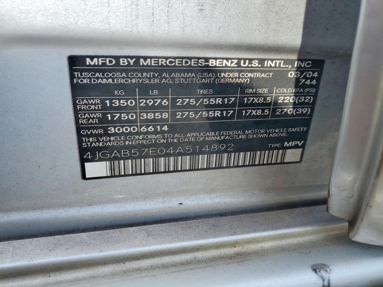2004 Mercedes-benz Ml 350 Silver vin: 4JGAB57E04A514892