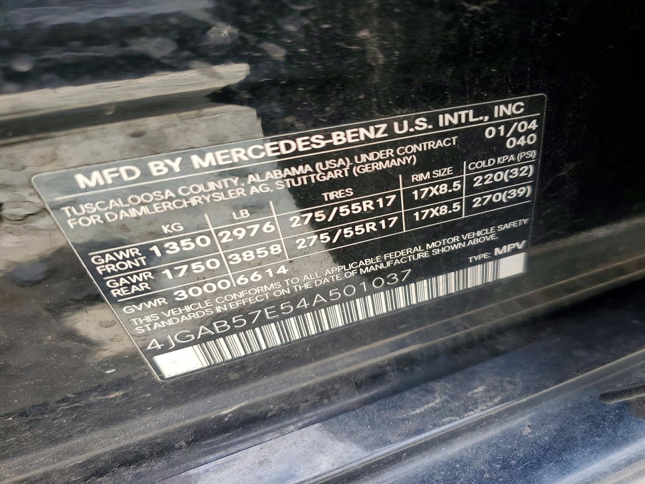 2004 Mercedes-benz Ml 350 Charcoal vin: 4JGAB57E54A501037