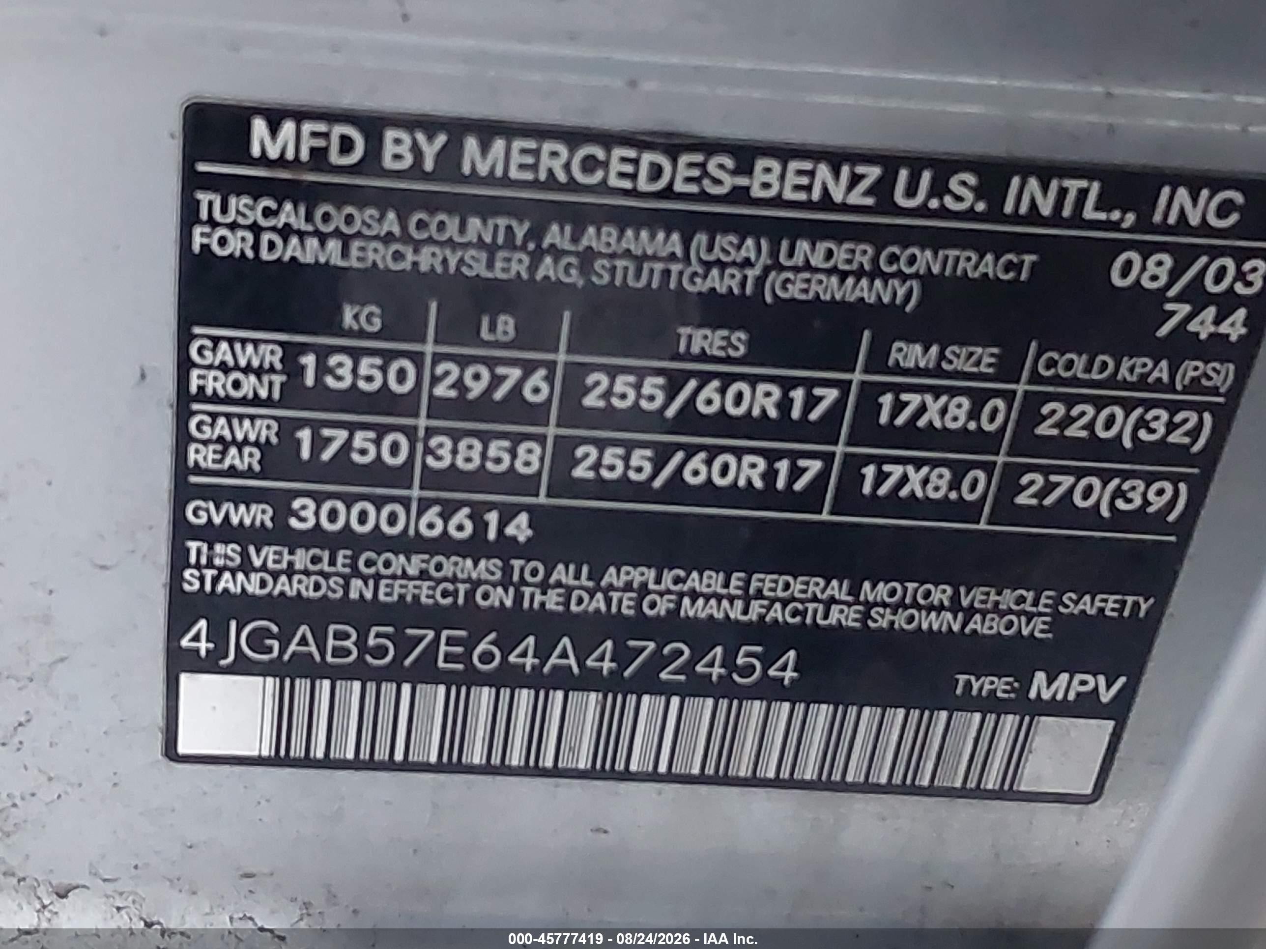 2004 Mercedes-benz Ml 350 4matic Серебряный vin: 4JGAB57E64A472454