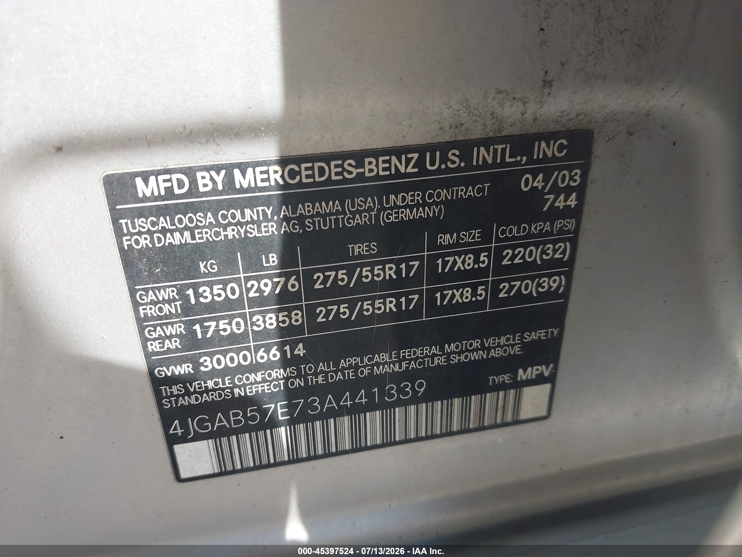 2003 Mercedes-benz Ml 350   Silver vin: 4JGAB57E73A441339