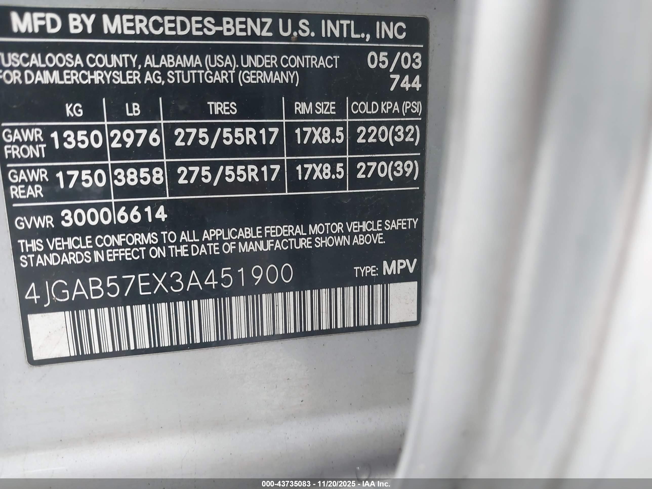 2003 Mercedes-benz Ml 350 Silver vin: 4JGAB57EX3A451900