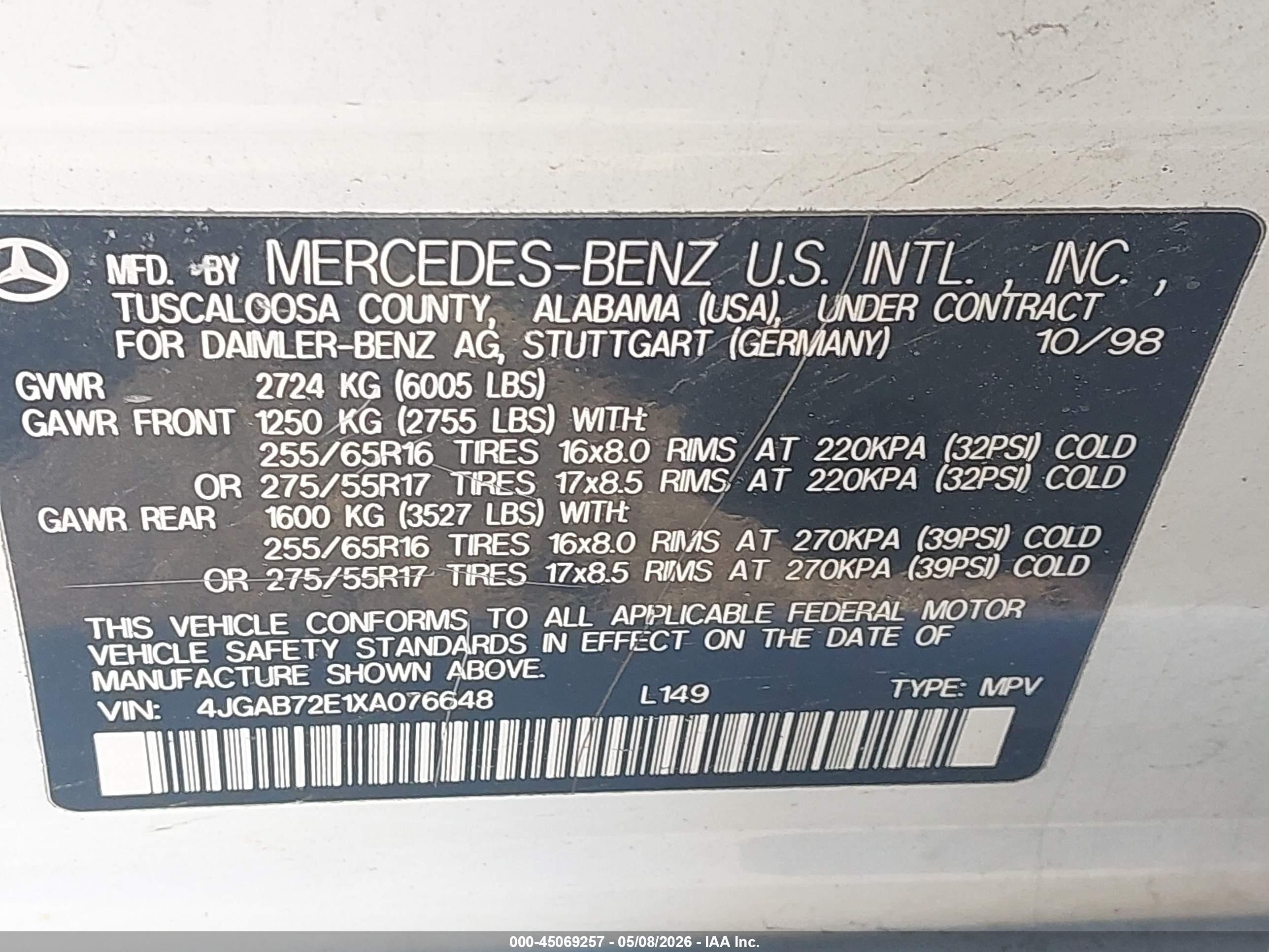 1999 Mercedes-benz Ml 430   Белый vin: 4JGAB72E1XA076648
