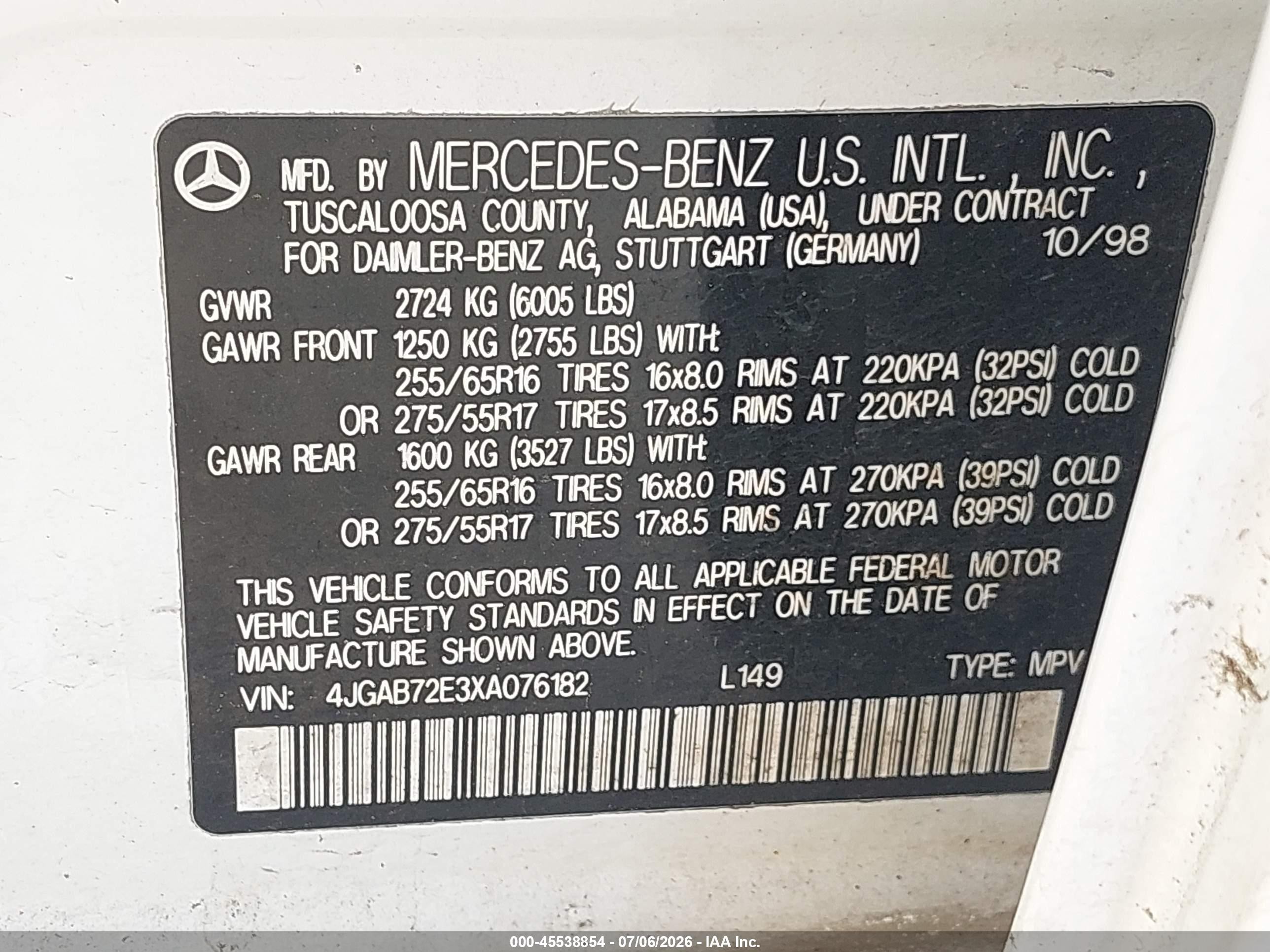 1999 Mercedes-benz Ml 430   White vin: 4JGAB72E3XA076182