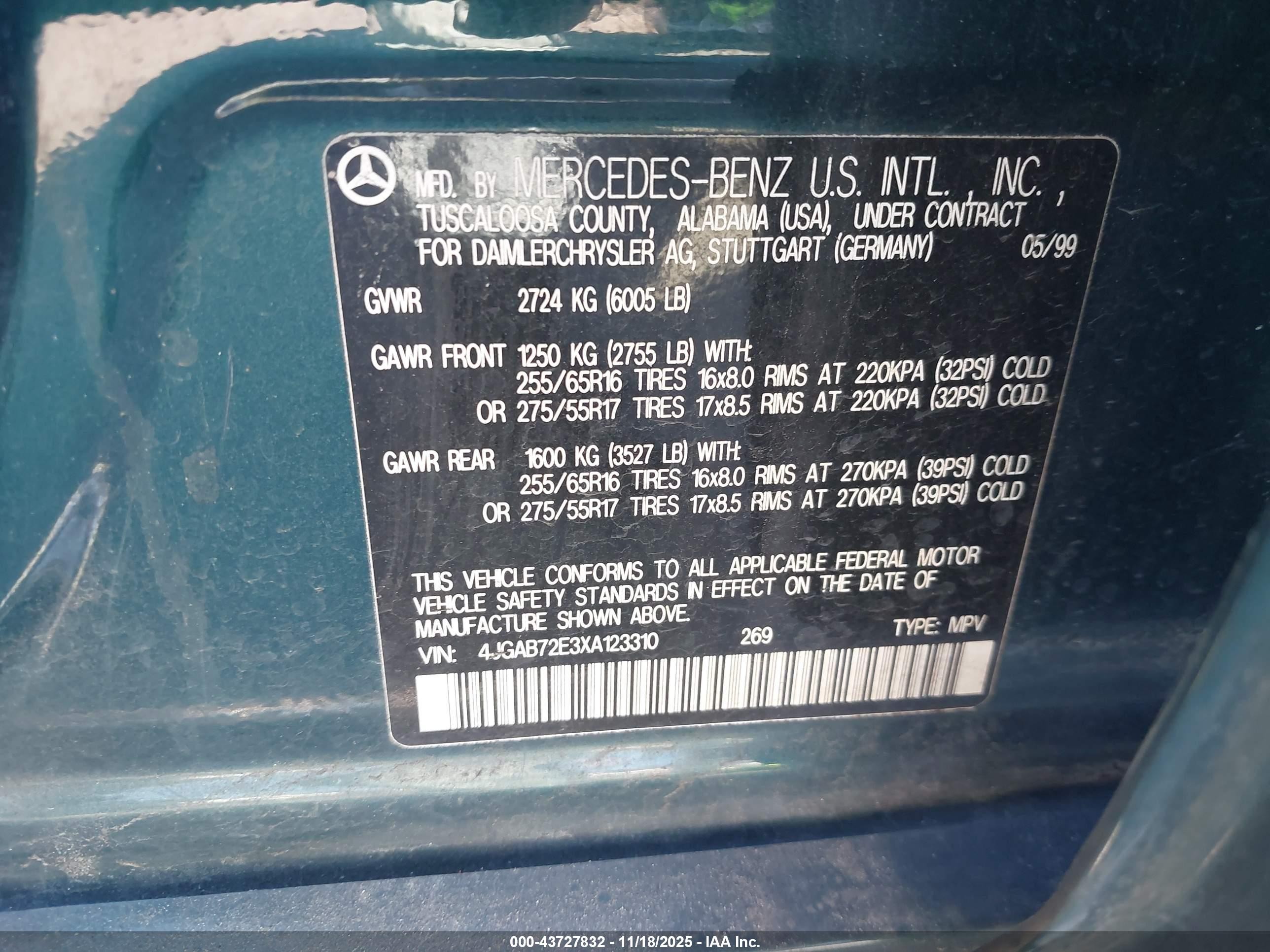 1999 Mercedes-benz Ml 430   Green vin: 4JGAB72E3XA123310