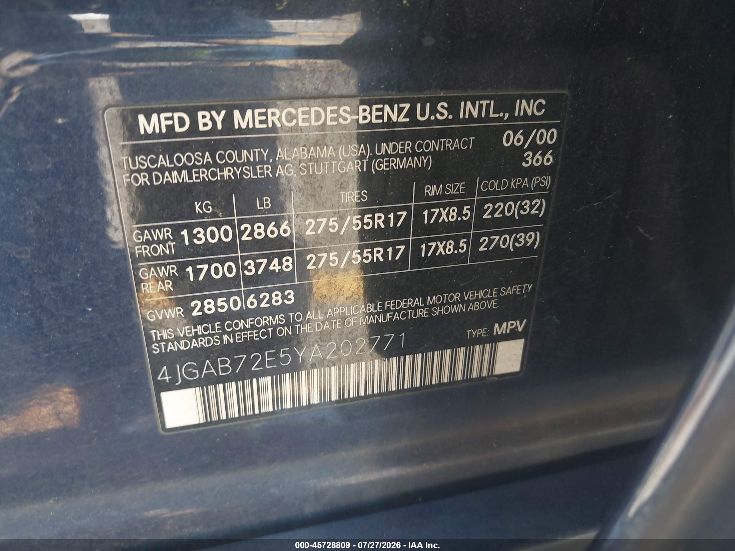 2000 Mercedes-benz Ml 430   Blue vin: 4JGAB72E5YA202771