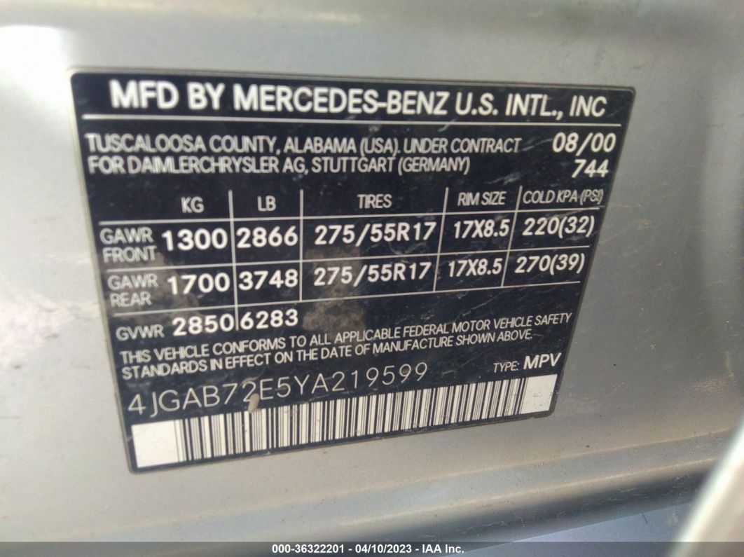 2000 Mercedes-benz Ml 430 Silver vin: 4JGAB72E5YA219599