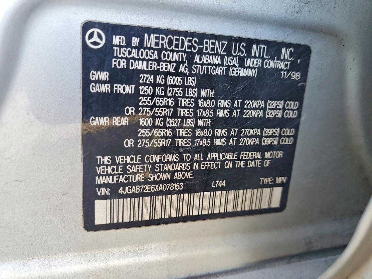 1999 Mercedes-benz Ml 430 Silver vin: 4JGAB72E6XA078153