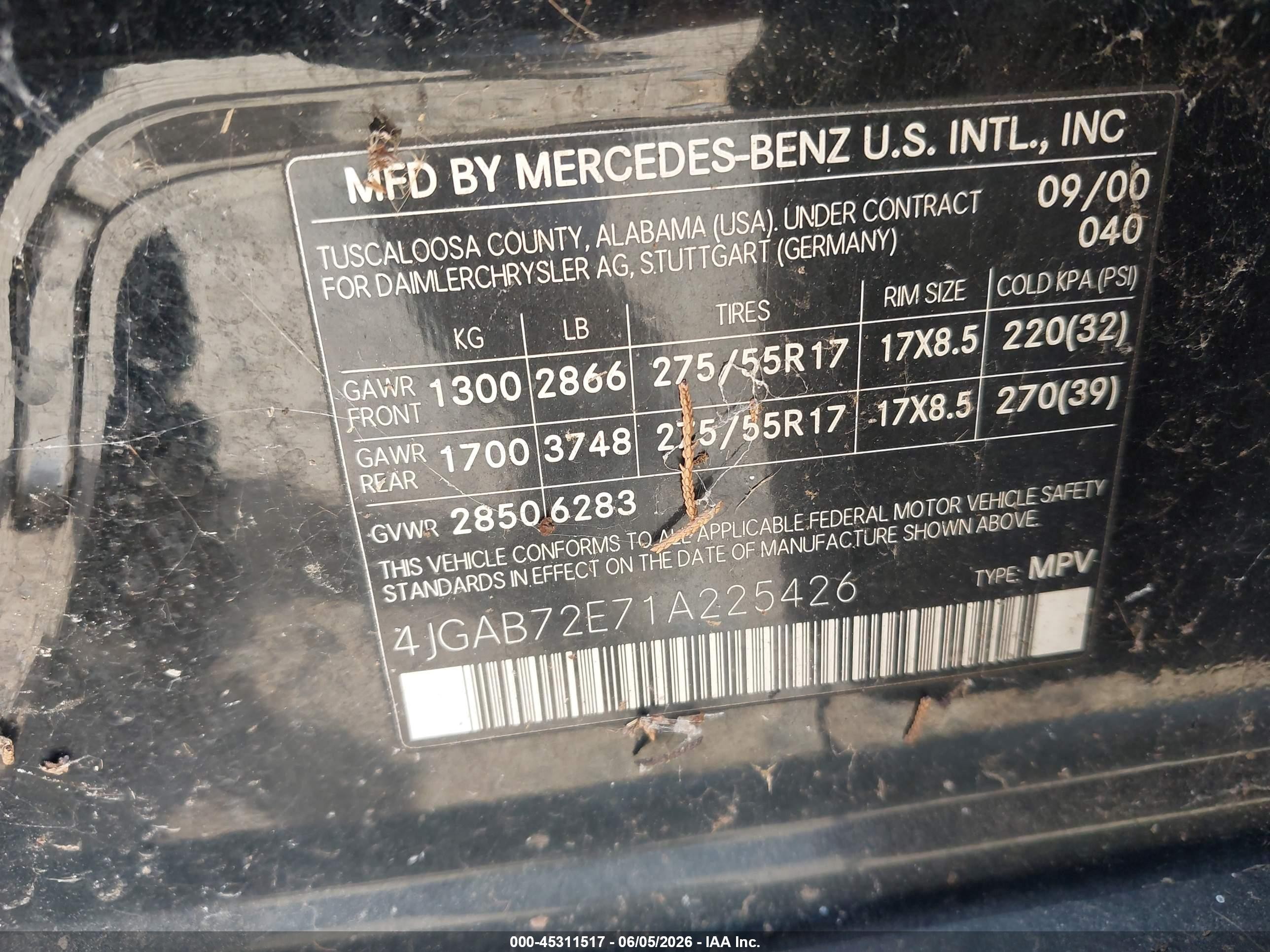 2001 Mercedes-benz Ml 430   Black vin: 4JGAB72E71A225426