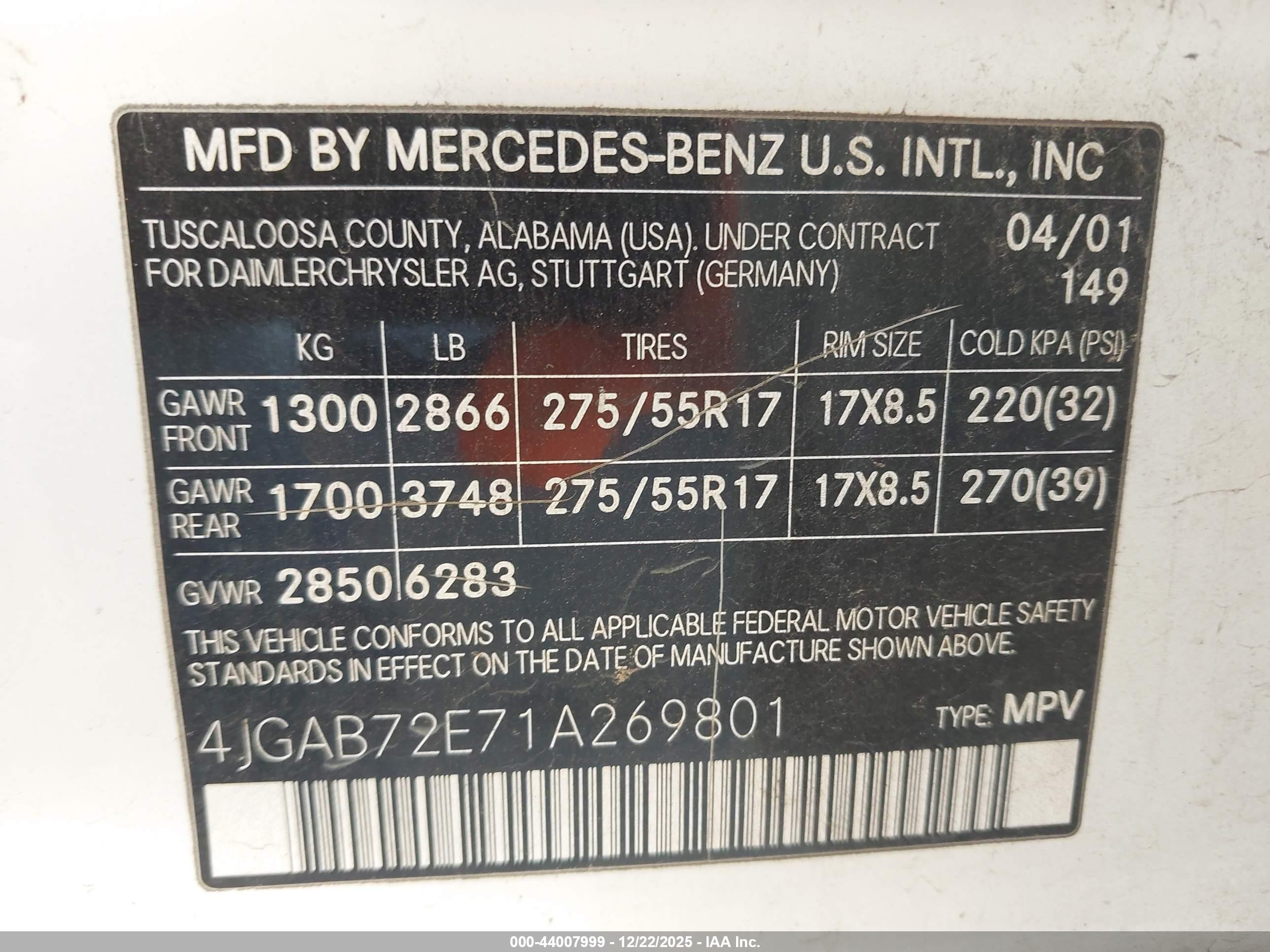 2001 Mercedes-benz Ml 430   White vin: 4JGAB72E71A269801