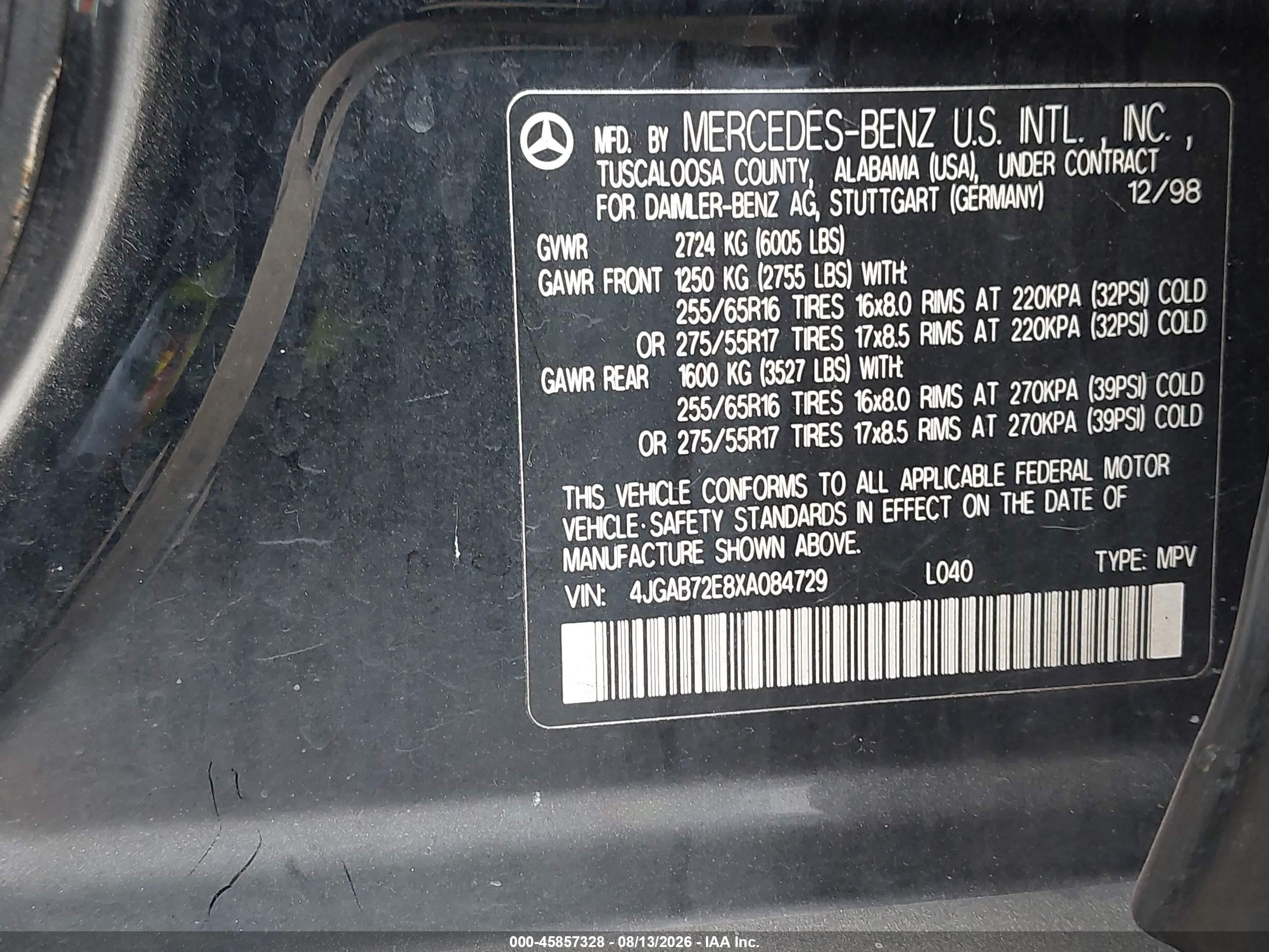 1999 Mercedes-benz Ml 430   Black vin: 4JGAB72E8XA084729