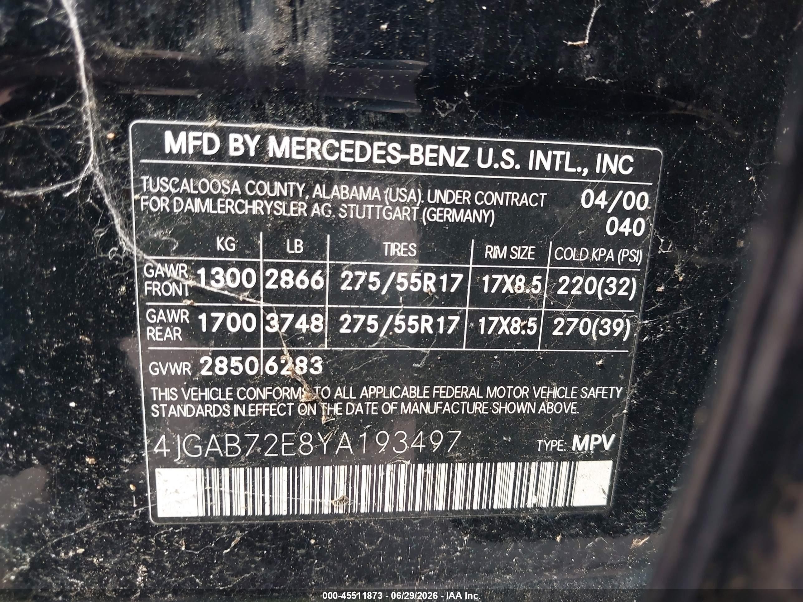 2000 Mercedes-benz Ml 430   Black vin: 4JGAB72E8YA193497