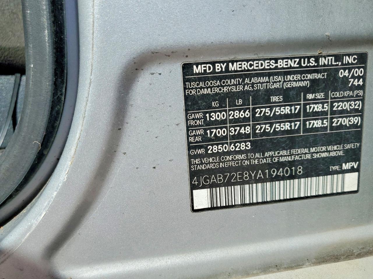 2000 Mercedes-benz Ml 430 Серебряный vin: 4JGAB72E8YA194018