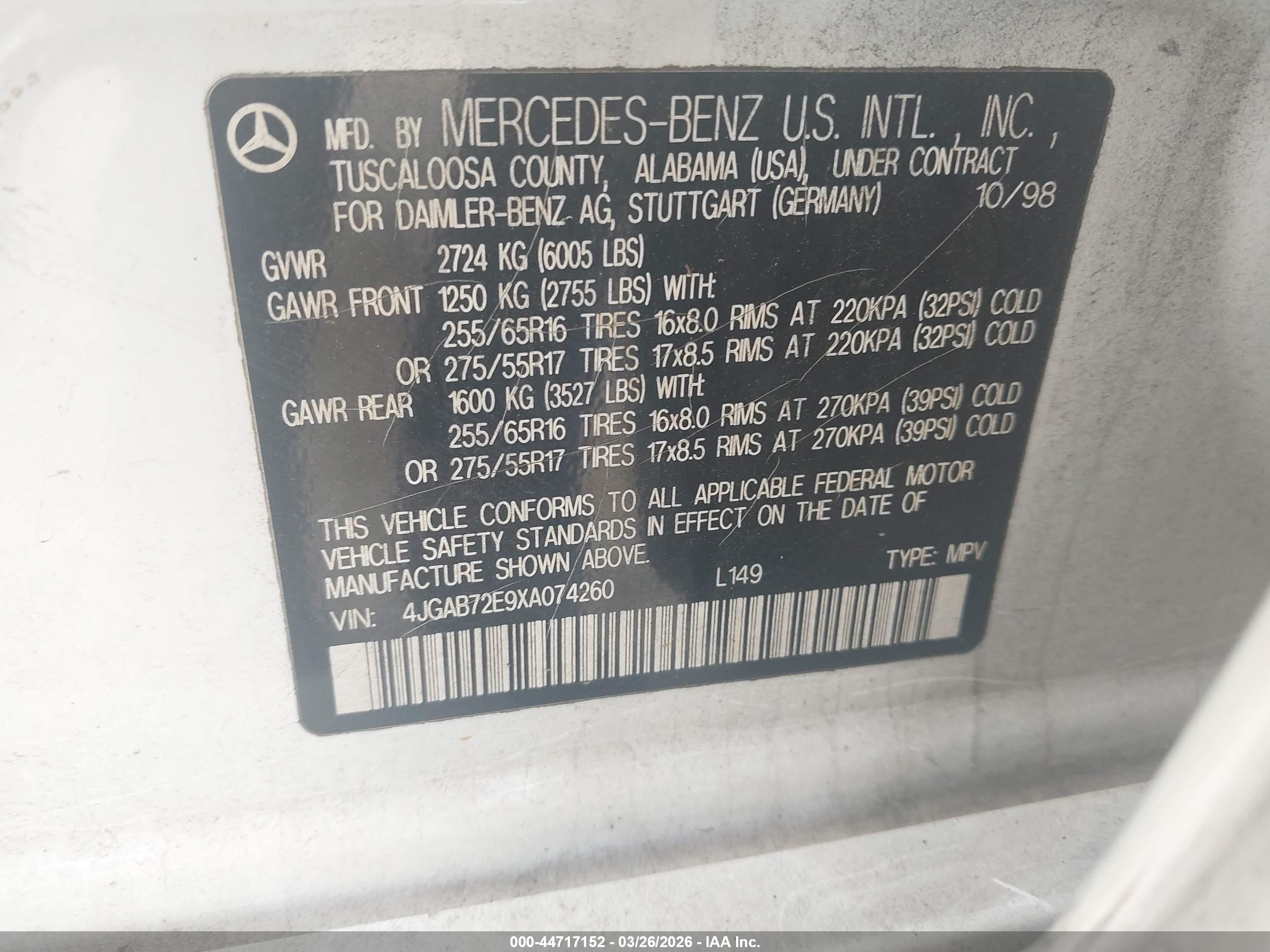 1999 Mercedes-benz Ml 430   White vin: 4JGAB72E9XA074260