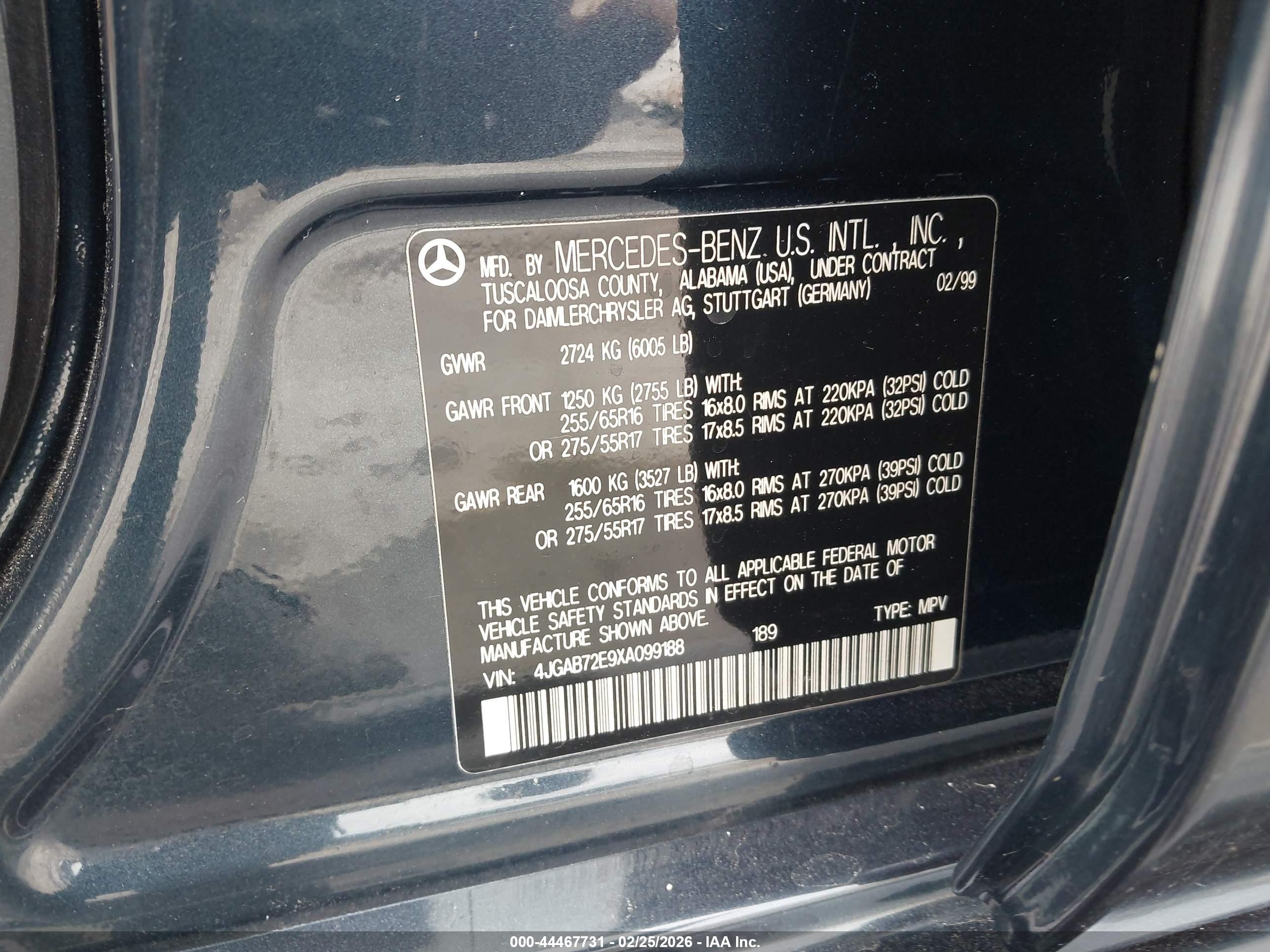 1999 Mercedes-benz Ml 430   Blue vin: 4JGAB72E9XA099188