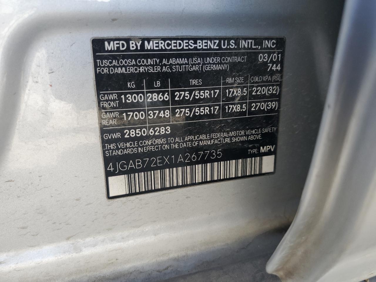 2001 Mercedes-benz Ml 430 Серебряный vin: 4JGAB72EX1A267735
