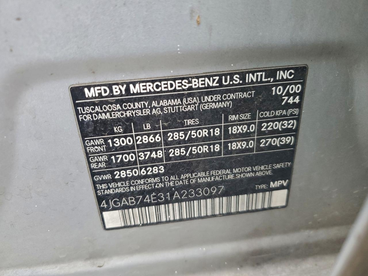 2001 Mercedes-benz Ml 55 Silver vin: 4JGAB74E31A233097