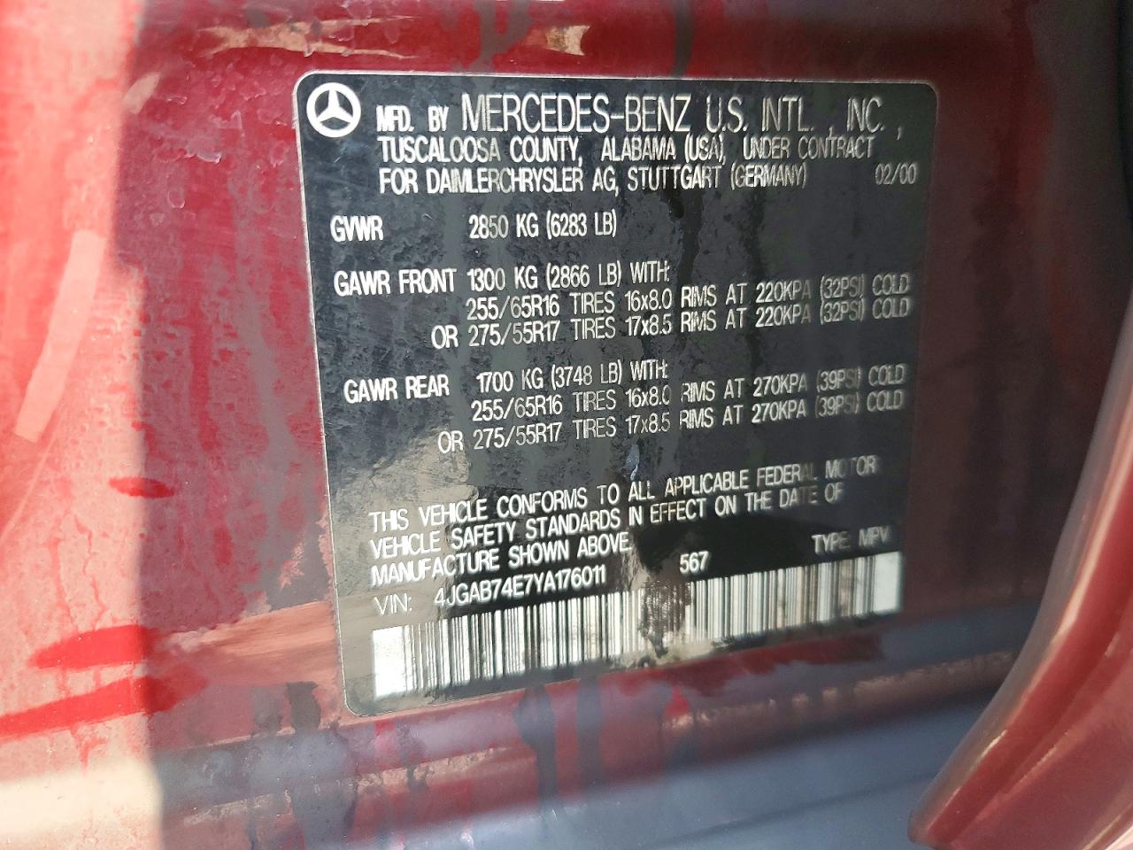 2000 Mercedes-benz Ml 55 Burgundy vin: 4JGAB74E7YA176011