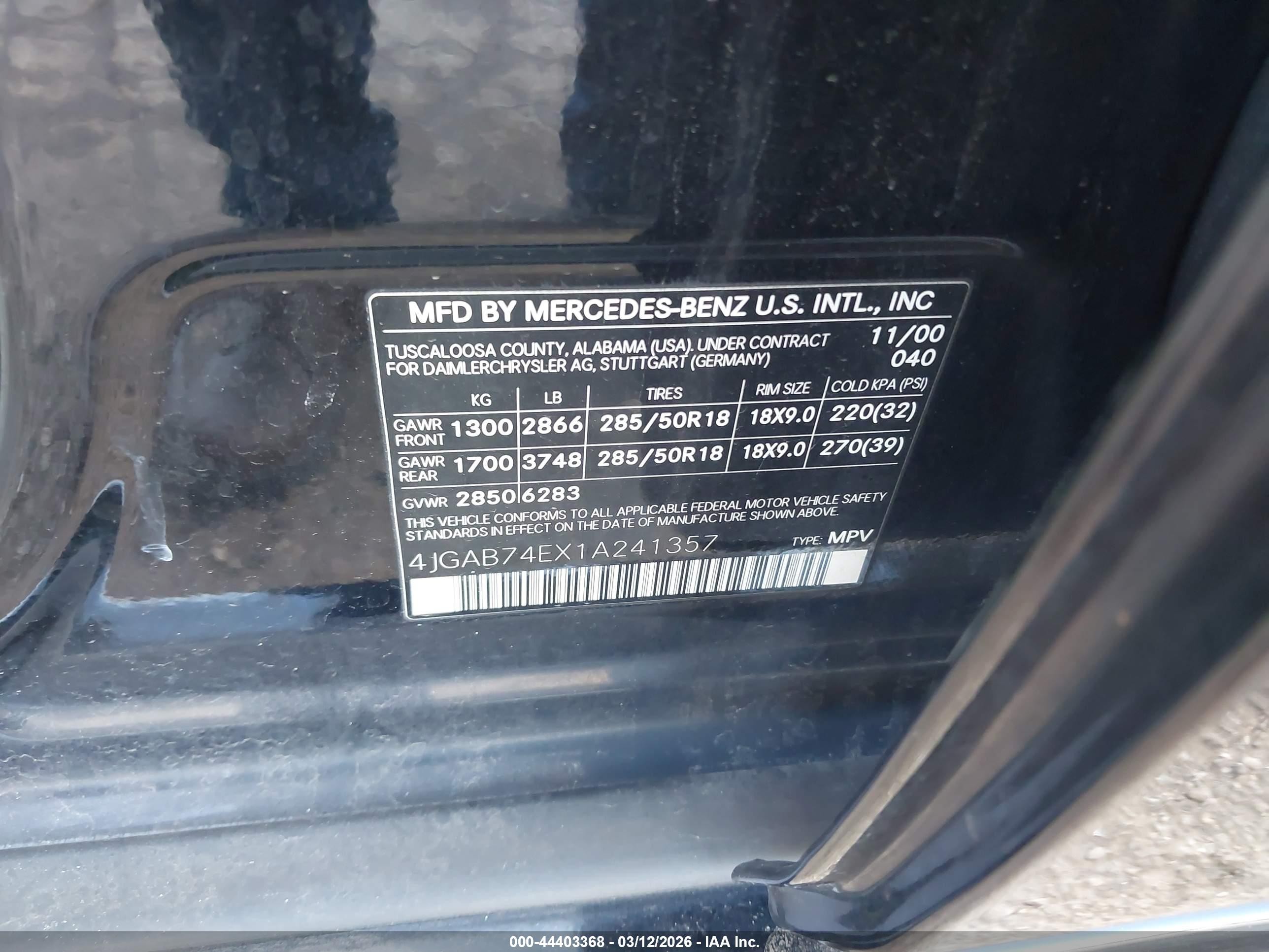 2001 Mercedes-benz Ml 55 Amg   Black vin: 4JGAB74EX1A241357