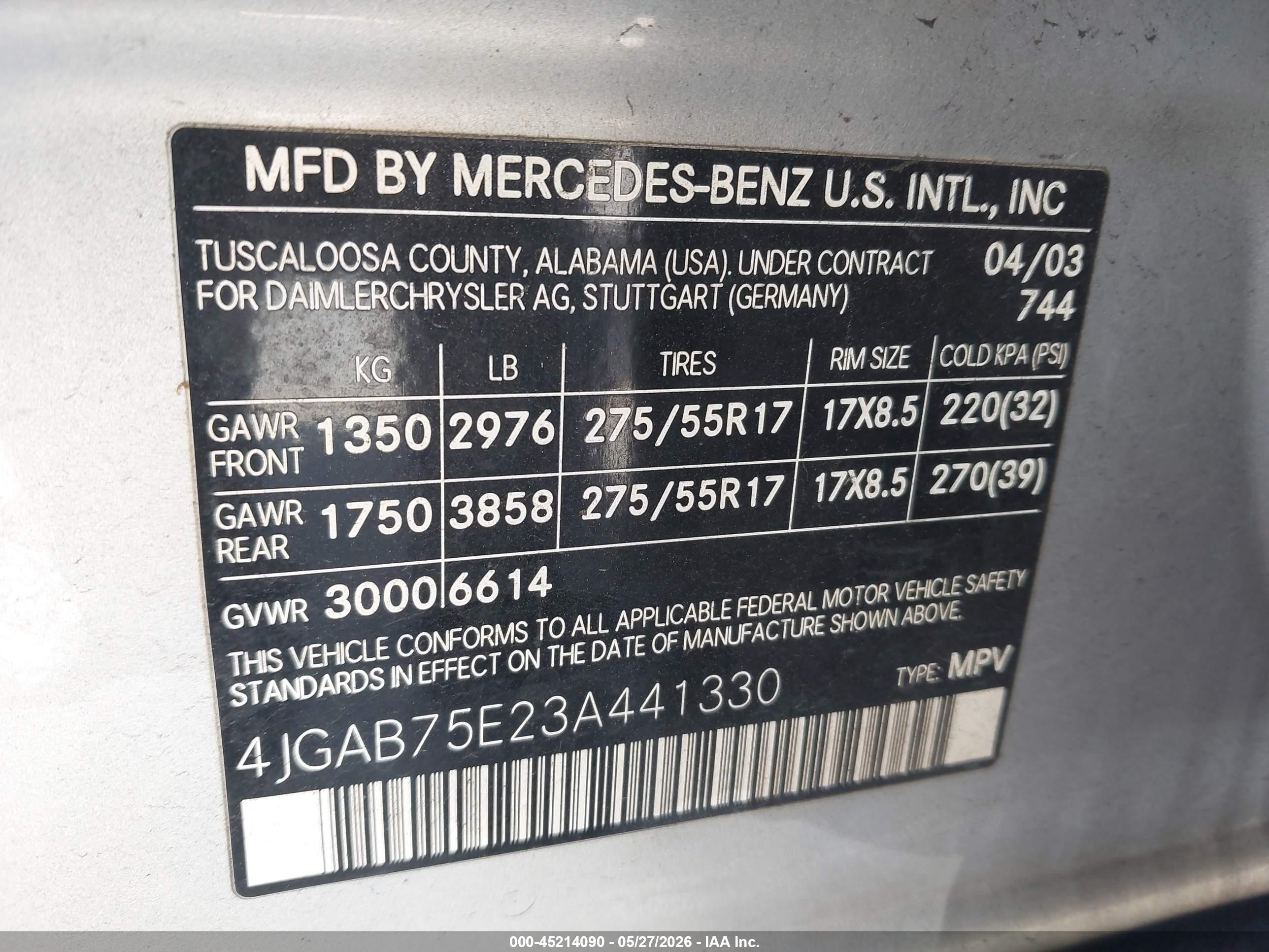 2003 Mercedes-benz Ml 500   Silver vin: 4JGAB75E23A441330
