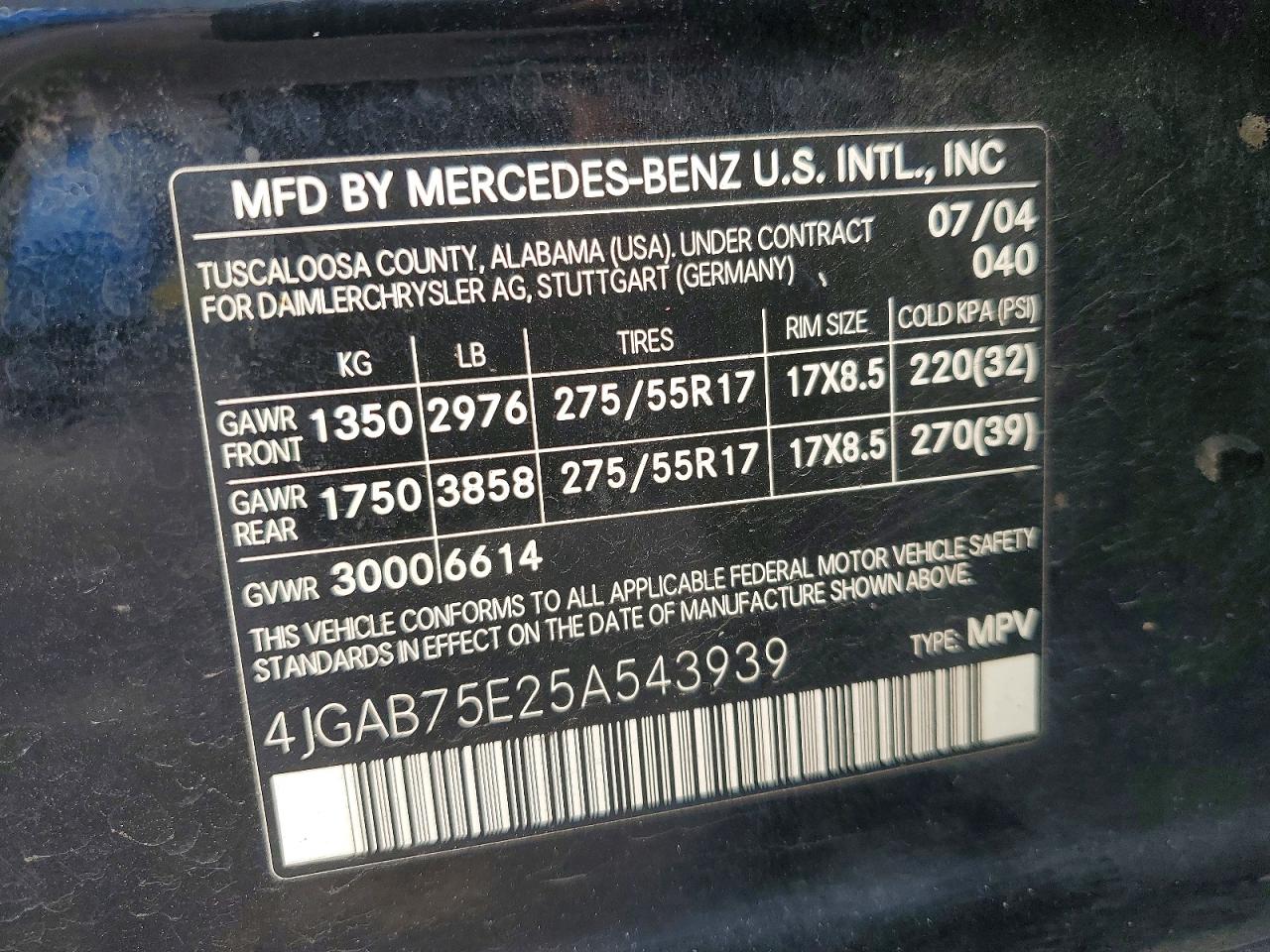 2005 Mercedes-benz Ml 500 Black vin: 4JGAB75E25A543939