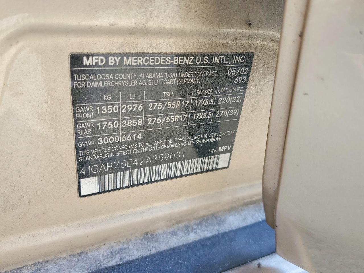 2002 Mercedes-benz Ml 500 Золотой vin: 4JGAB75E42A359081