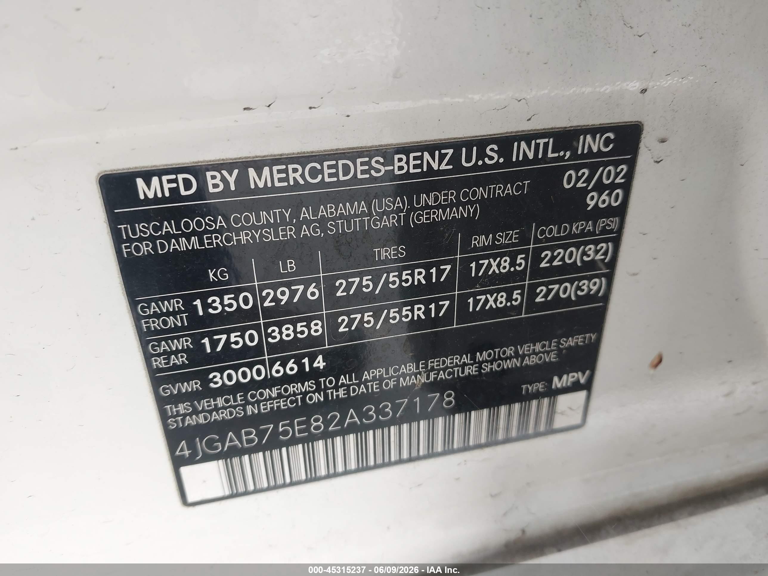 2002 Mercedes-benz Ml 500 Белый vin: 4JGAB75E82A337178