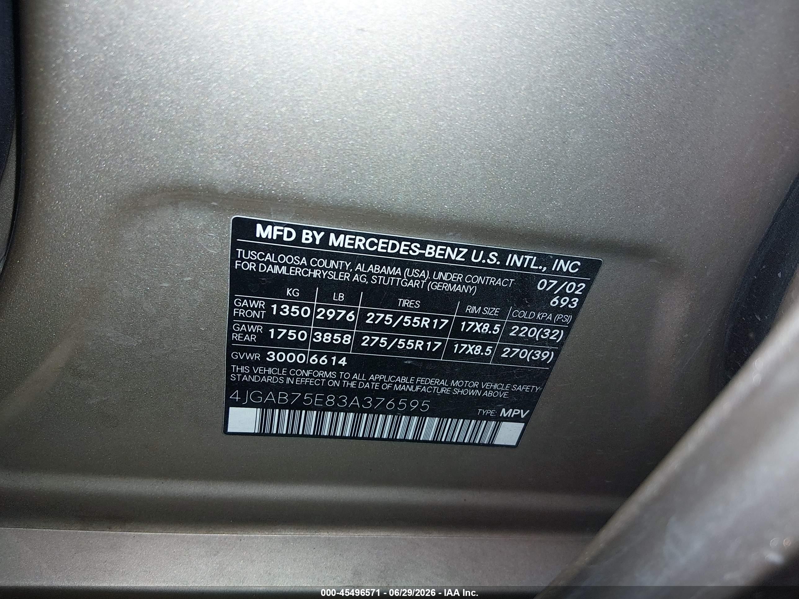 2003 Mercedes-benz Ml 500   Gold vin: 4JGAB75E83A376595